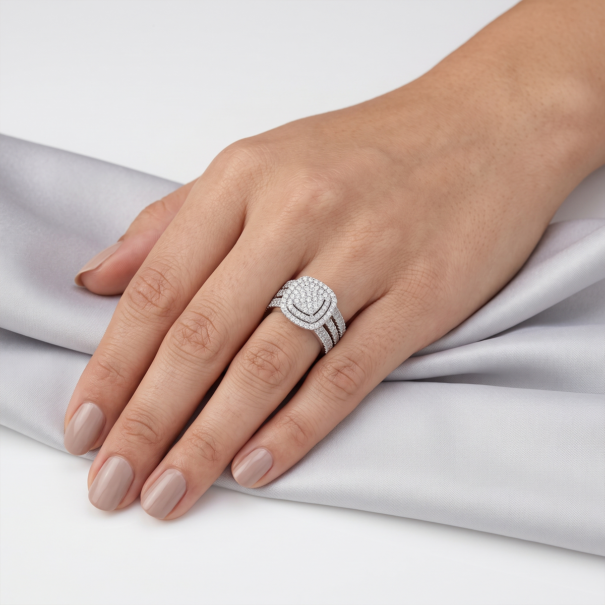 Unisex Cushion Shape Double Halo Diamond Ring | Solid Gold Multi-Row Statement Ring