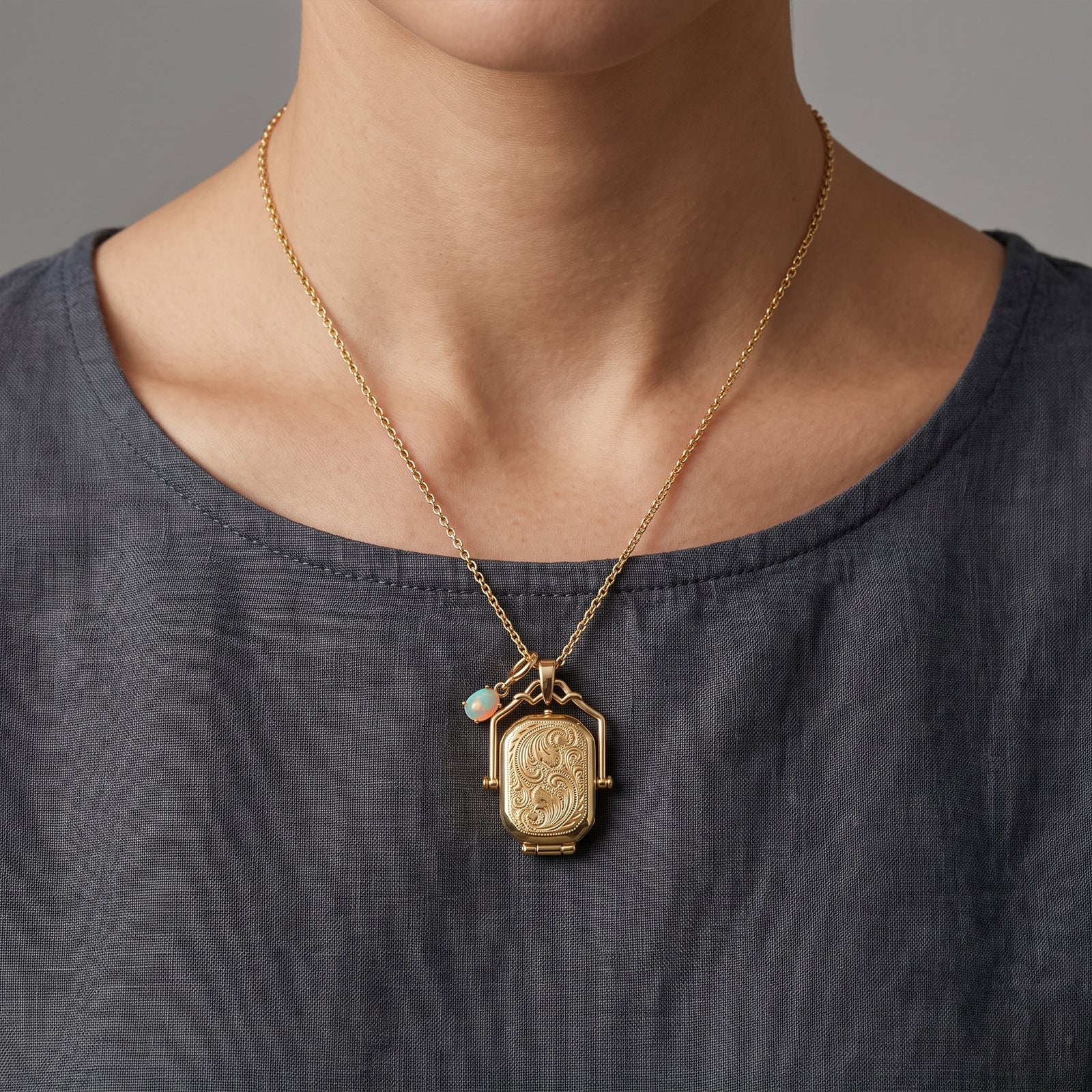 18k Gold Vintage Swivel Locket Necklace with Opal Charm | Antique Style Engraved Photo Pendant