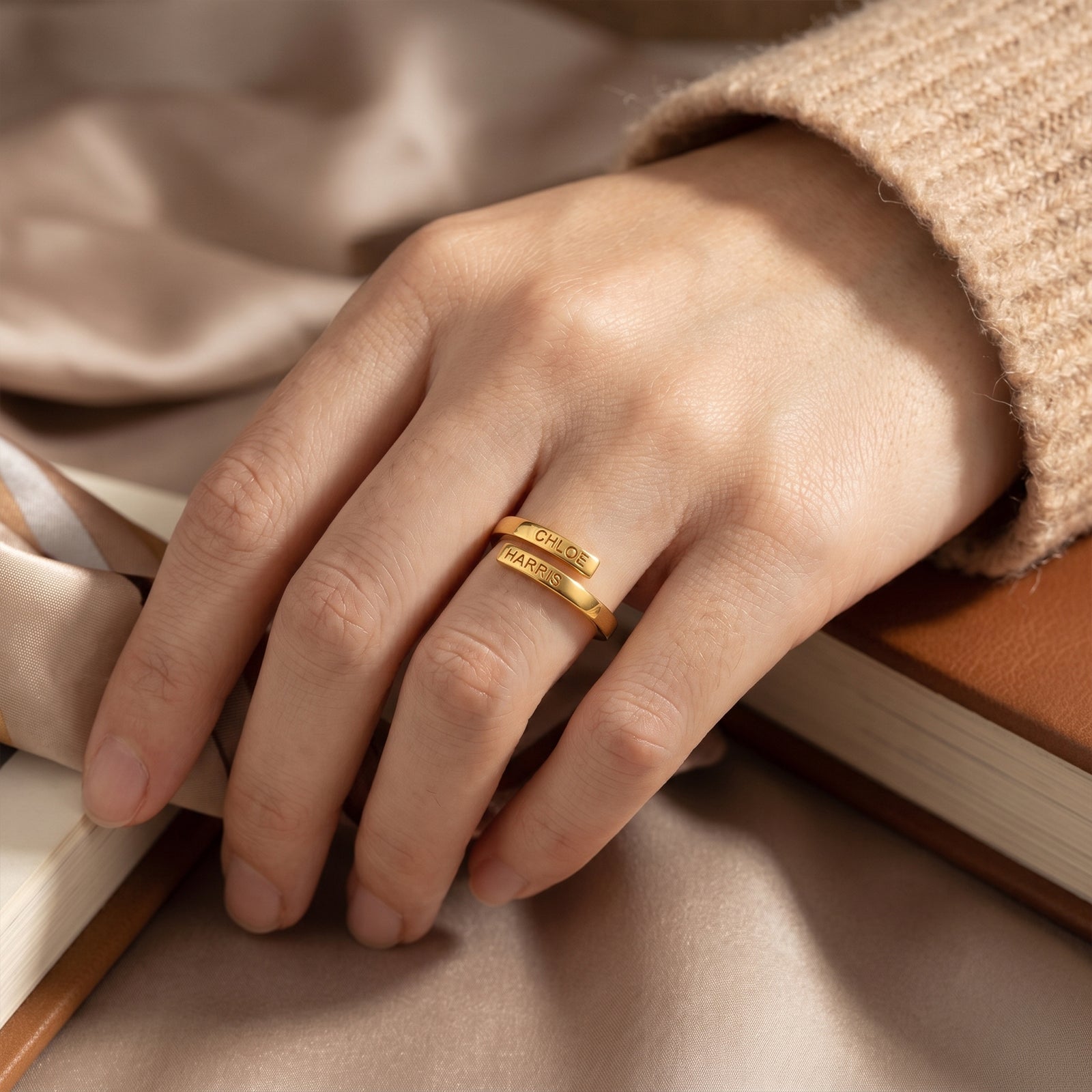 Custom 18K Gold Wrap Name Ring | Personalized Double Name Band