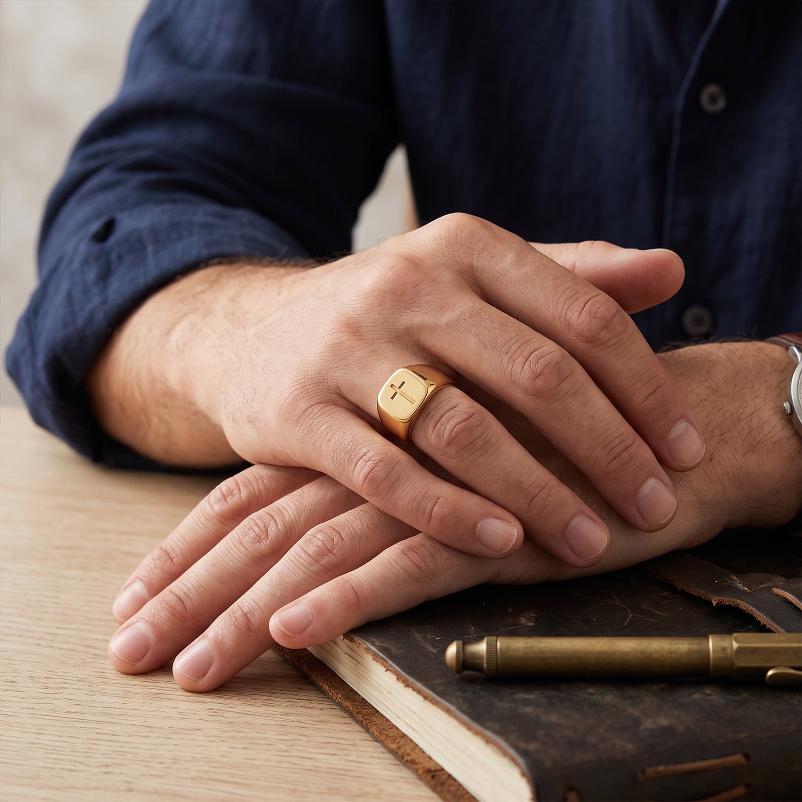 Men's 18K Solid Gold Cross Signet Ring | Classic Christian Jewelry