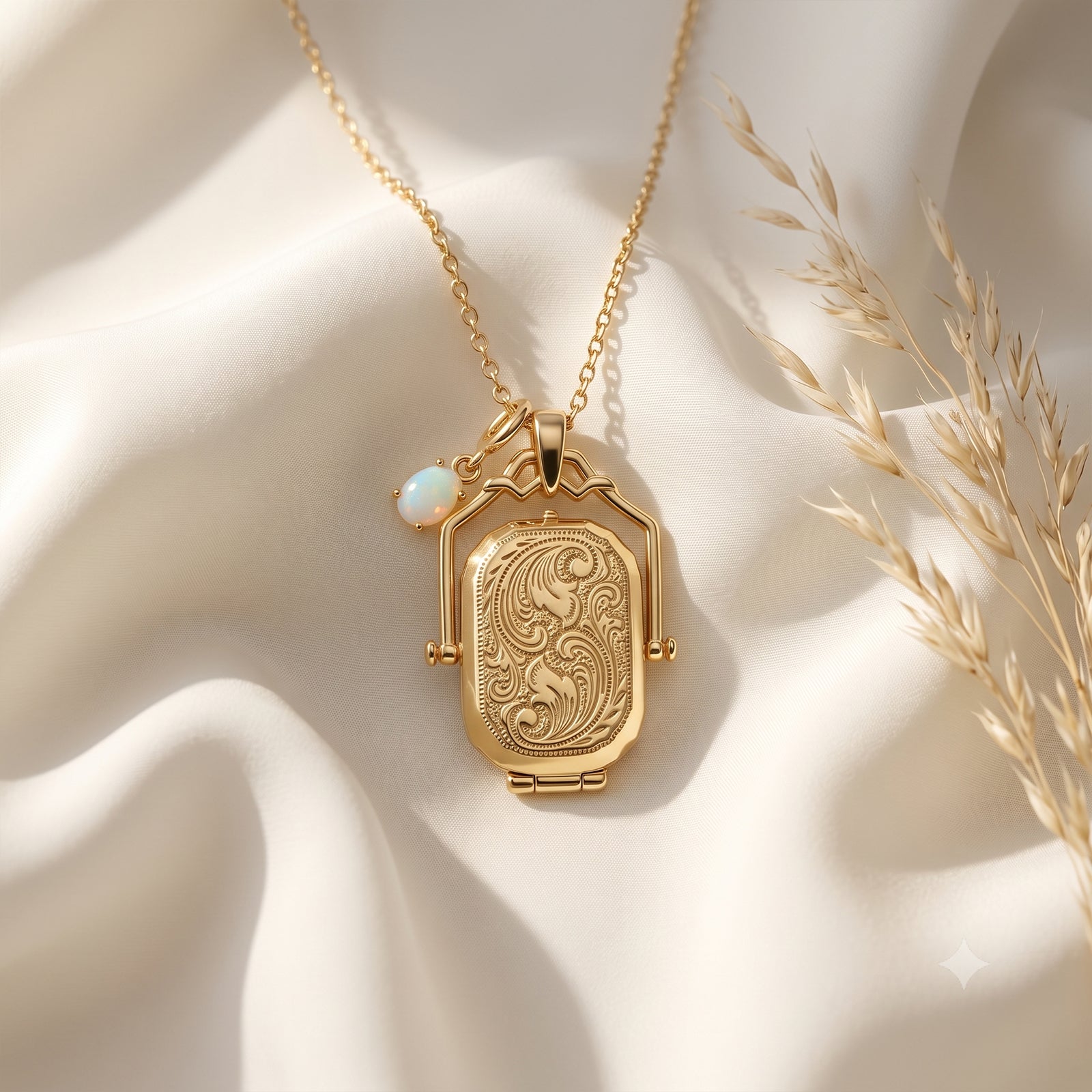 18k Gold Vintage Swivel Locket Necklace with Opal Charm | Antique Style Engraved Photo Pendant