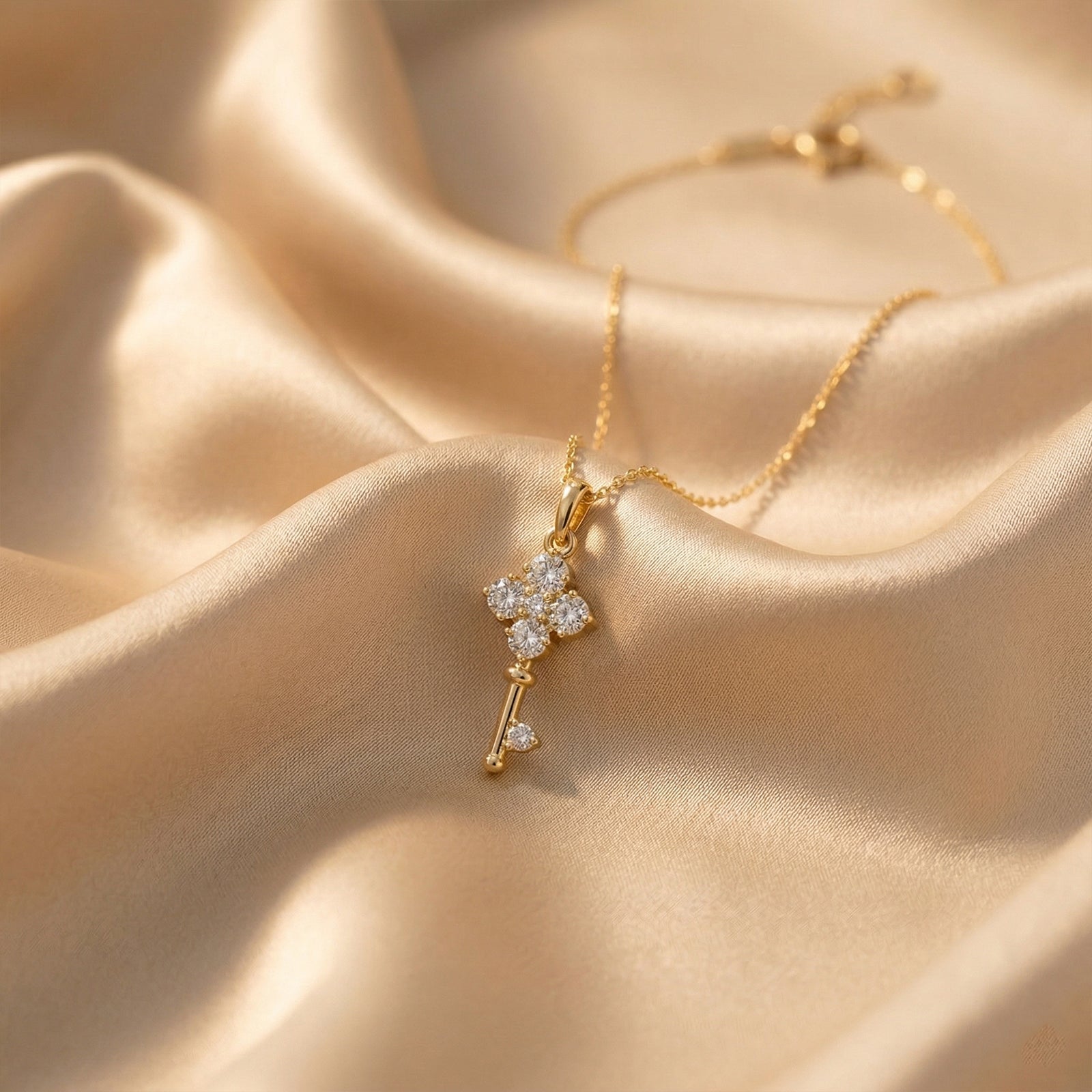 18K Gold Diamond Clover Key Pendant Necklace | Solid Gold Key to My Heart Jewelry