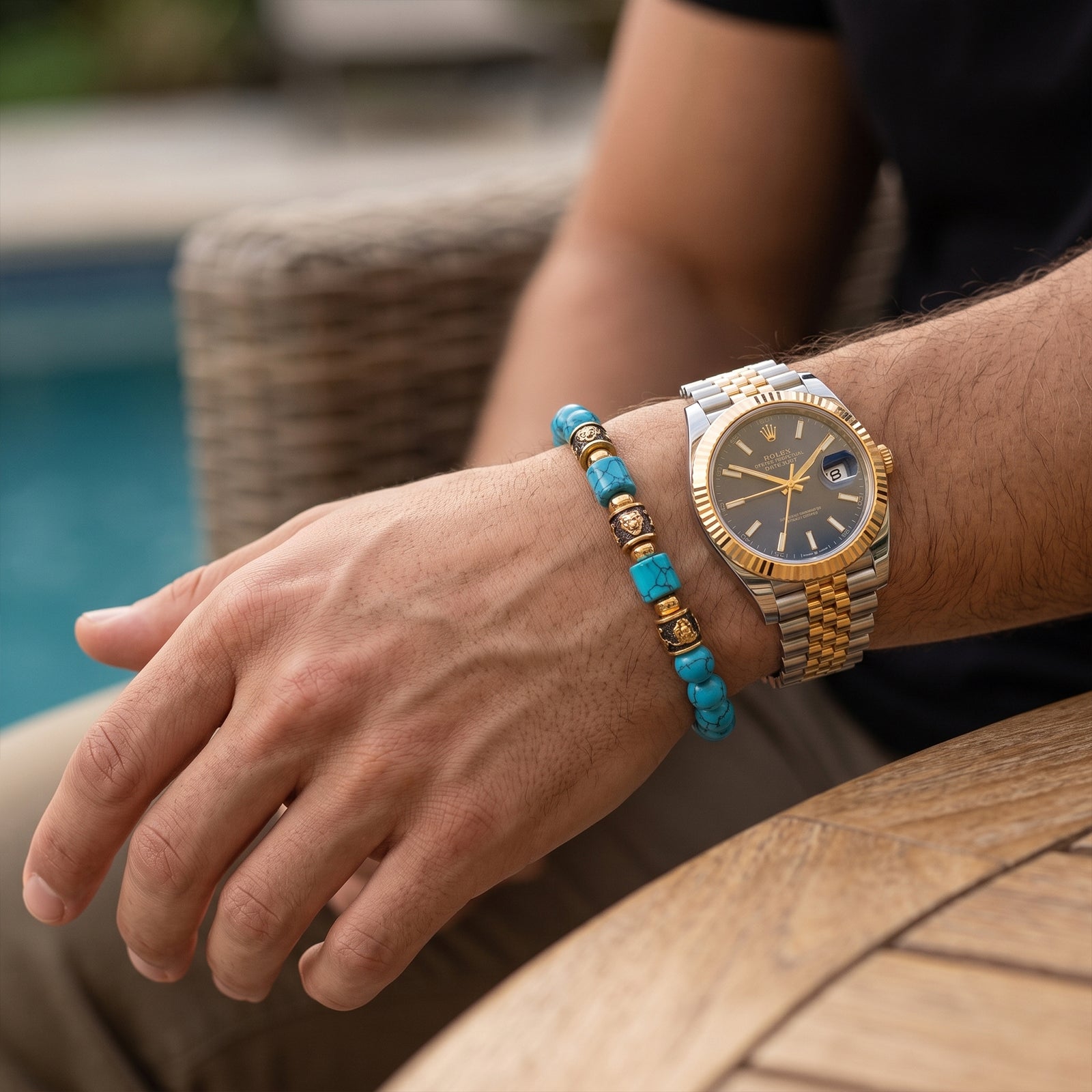 Men's 18K Gold & Turquoise Bead Bracelet | Handcrafted Luxury Cord Bracelet