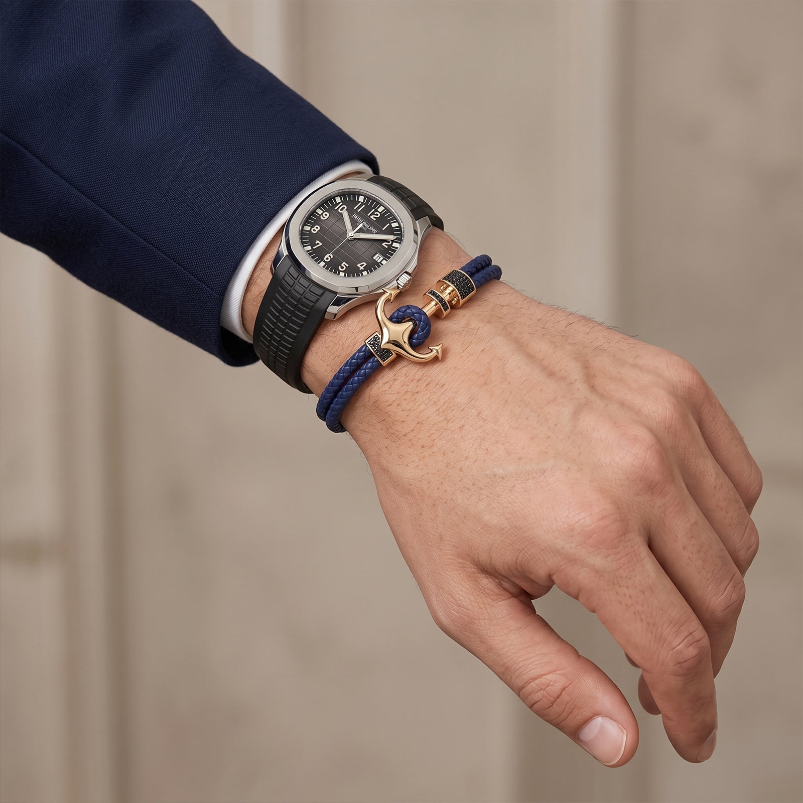 18K Gold Premium Braided Leather Anchor Bracelet for Men | Fine Nautical Jewelry