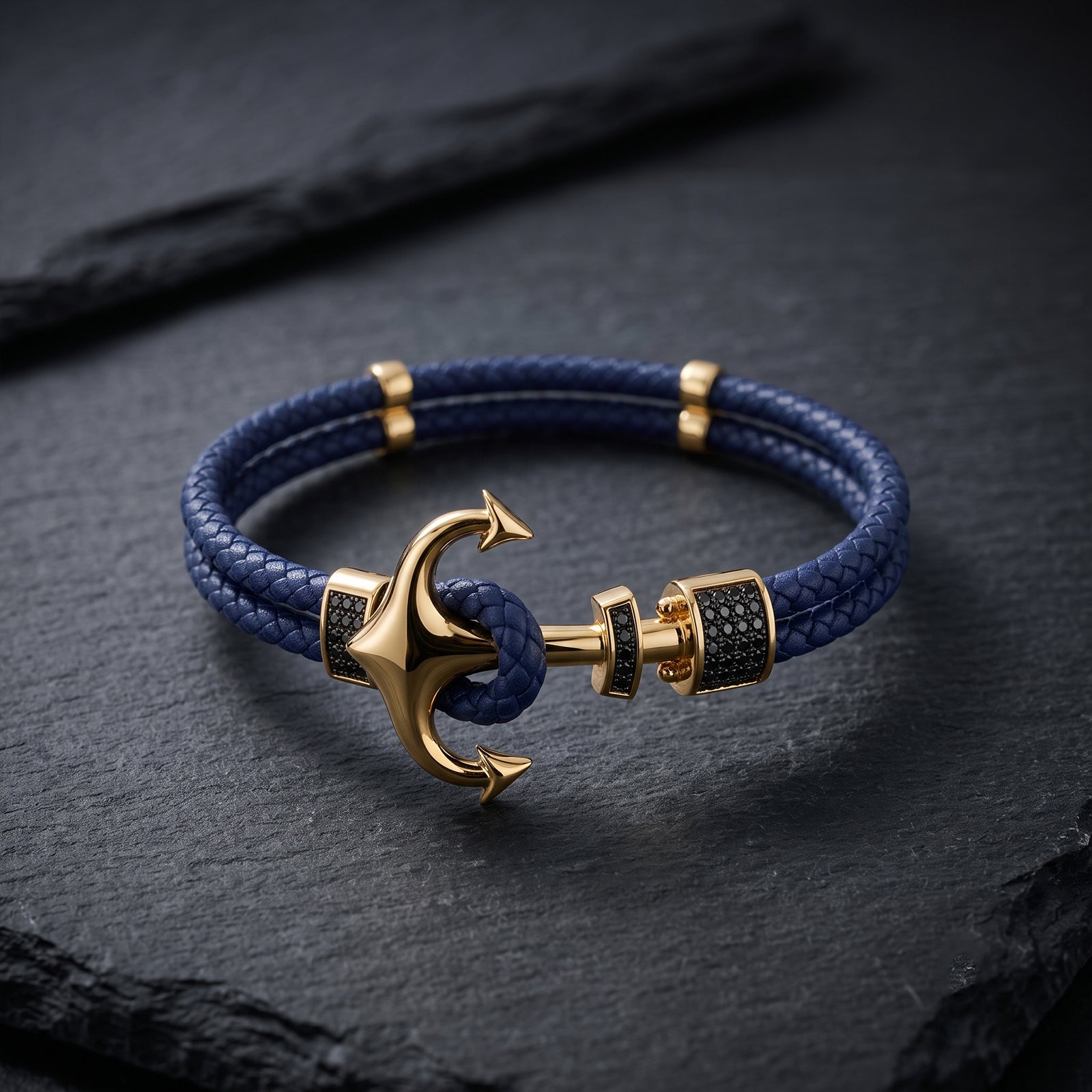 18K Gold Premium Braided Leather Anchor Bracelet for Men | Fine Nautical Jewelry