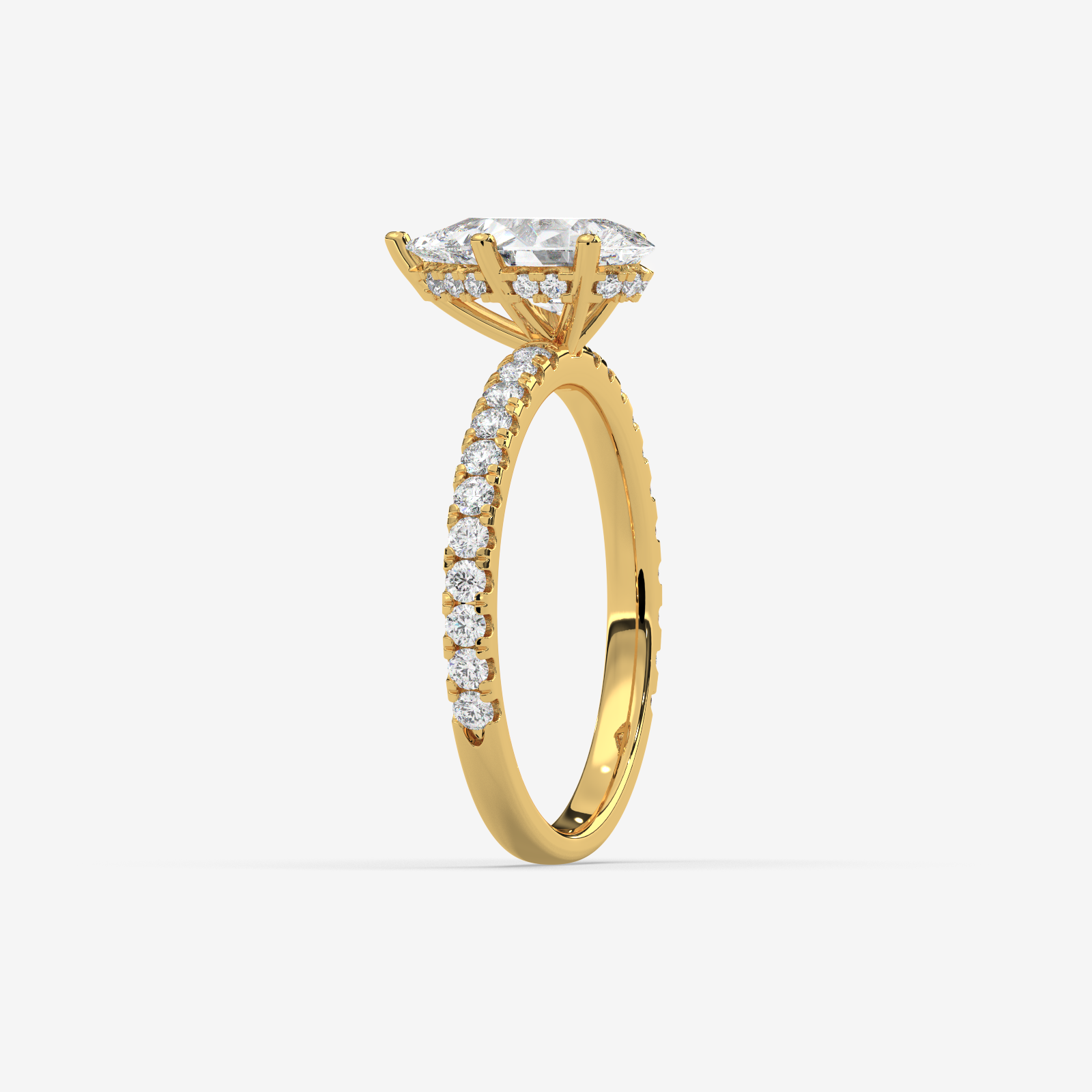18K Gold Pear Cut Diamond Engagement Ring with Pave Band & Hidden Halo