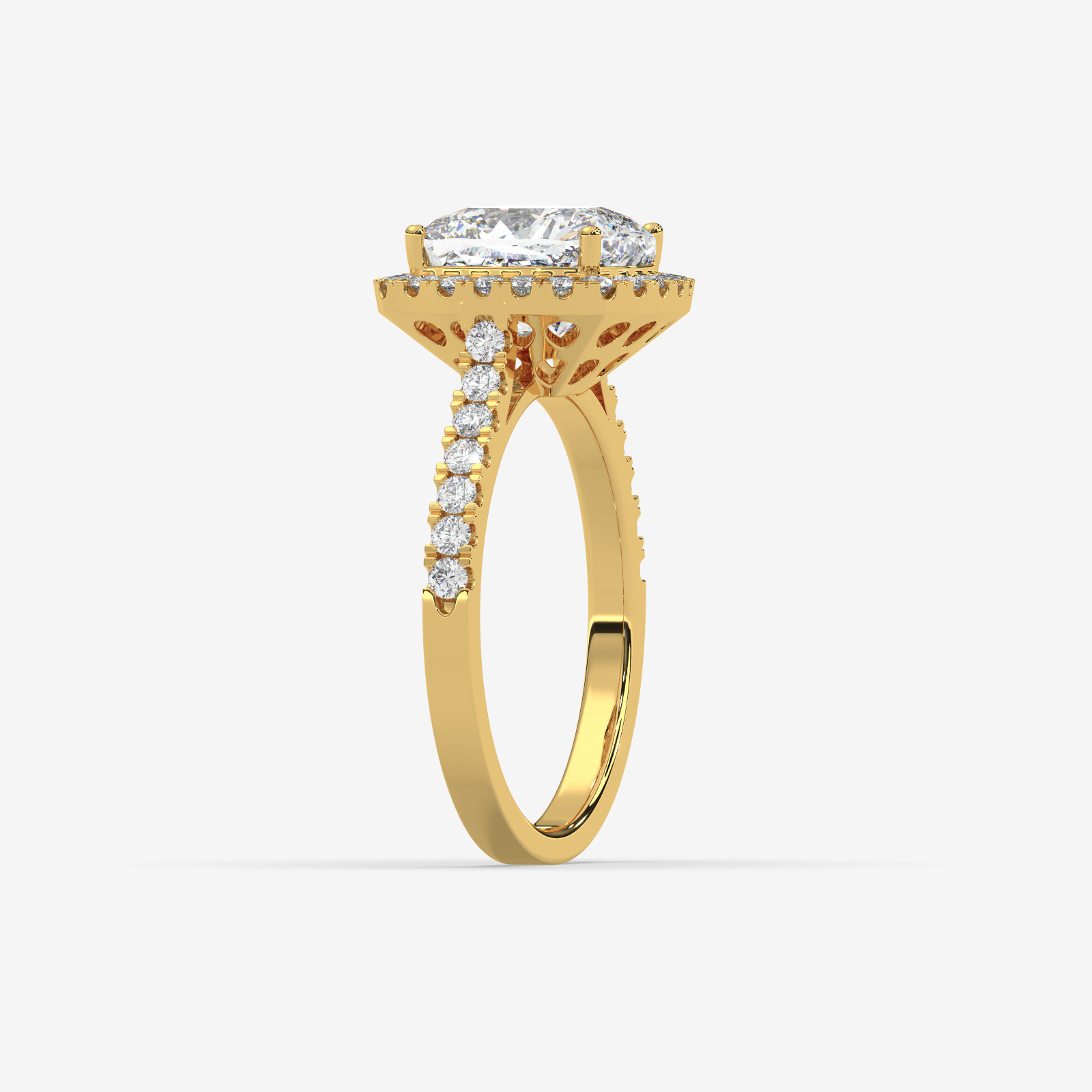 18k Gold Cushion Cut Halo Diamond Engagement Ring | Pave Set Band