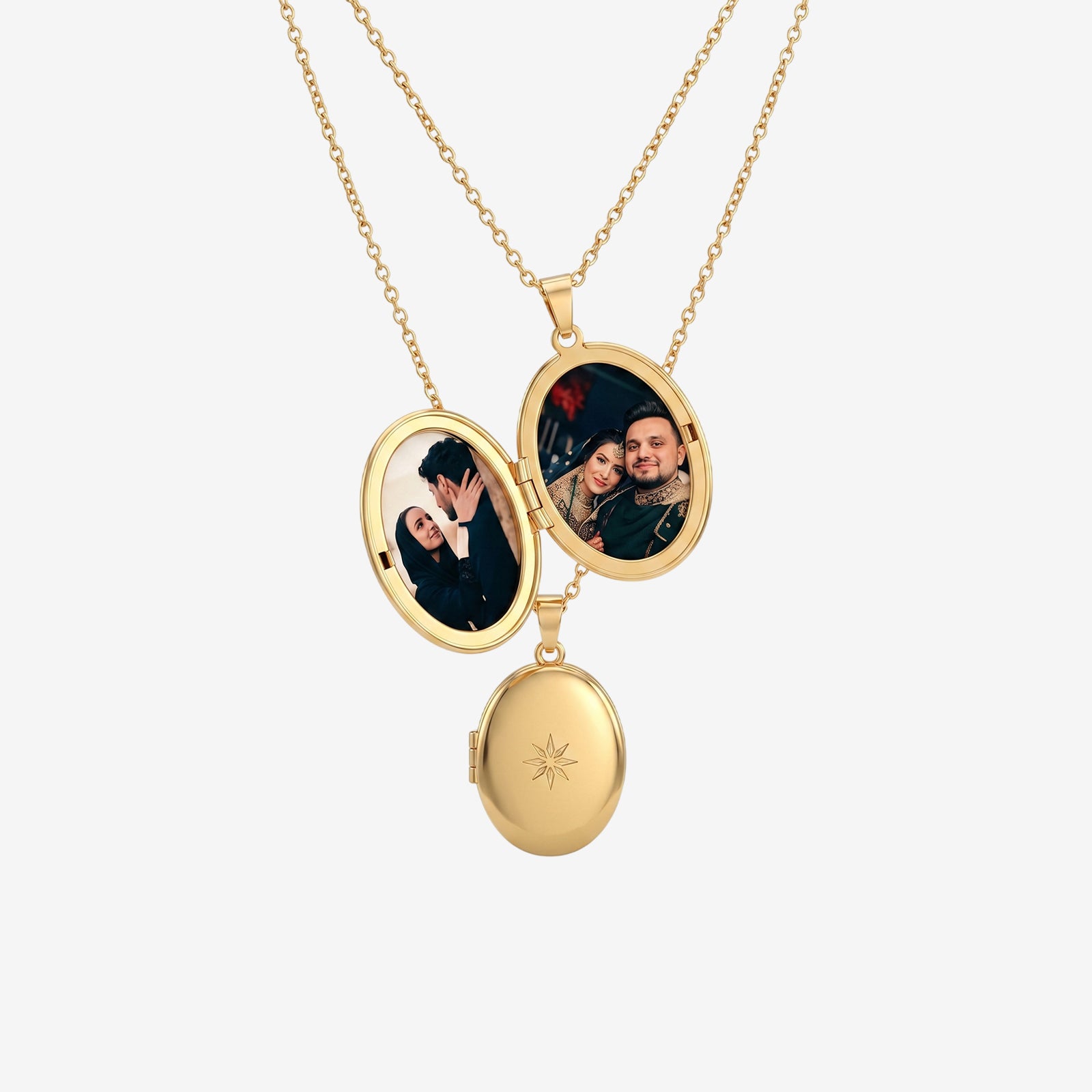 18k Gold Oval Locket Necklace | Starburst Engraved Photo Locket