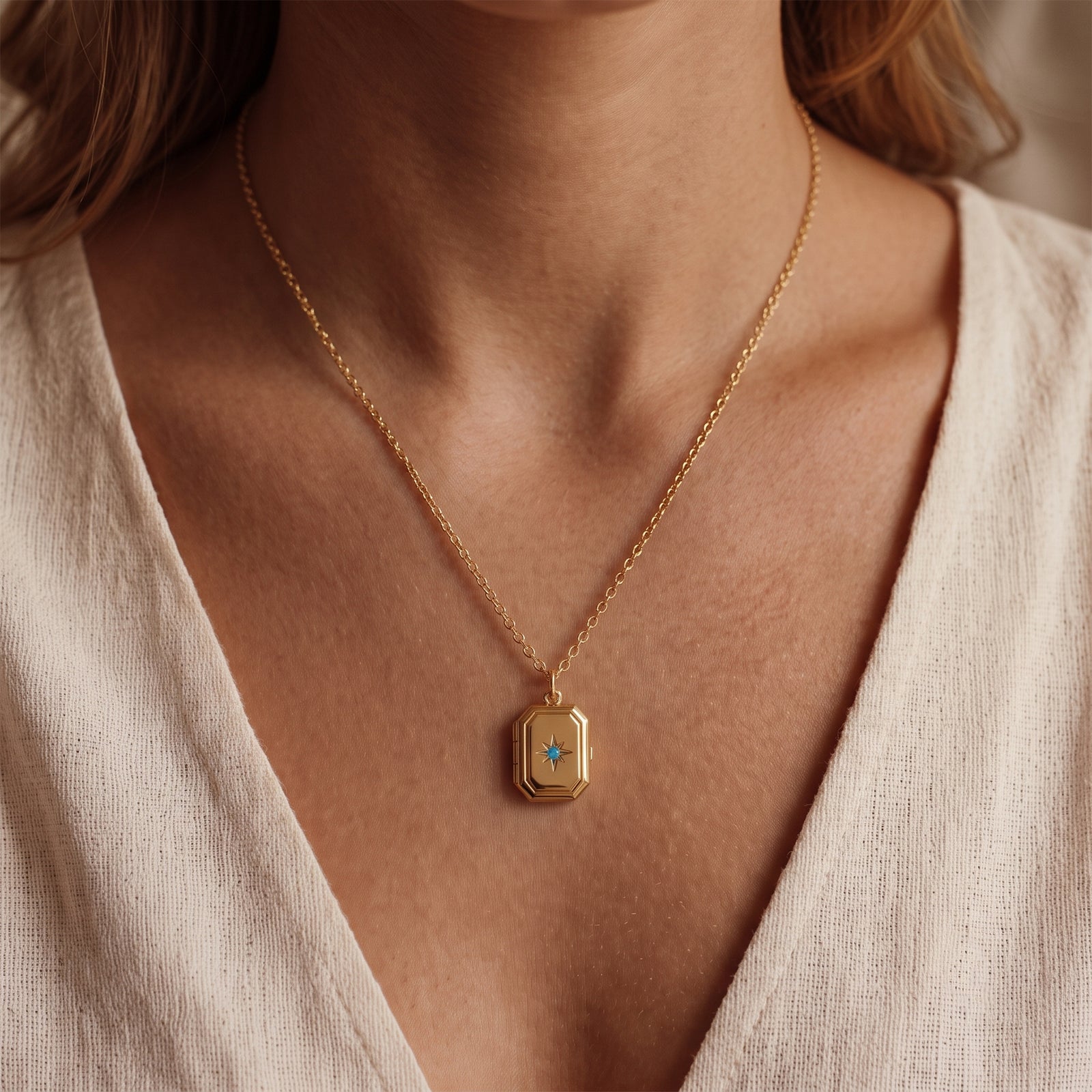18K Gold Starburst Locket Necklace with Turquoise | Personalized Photo Locket