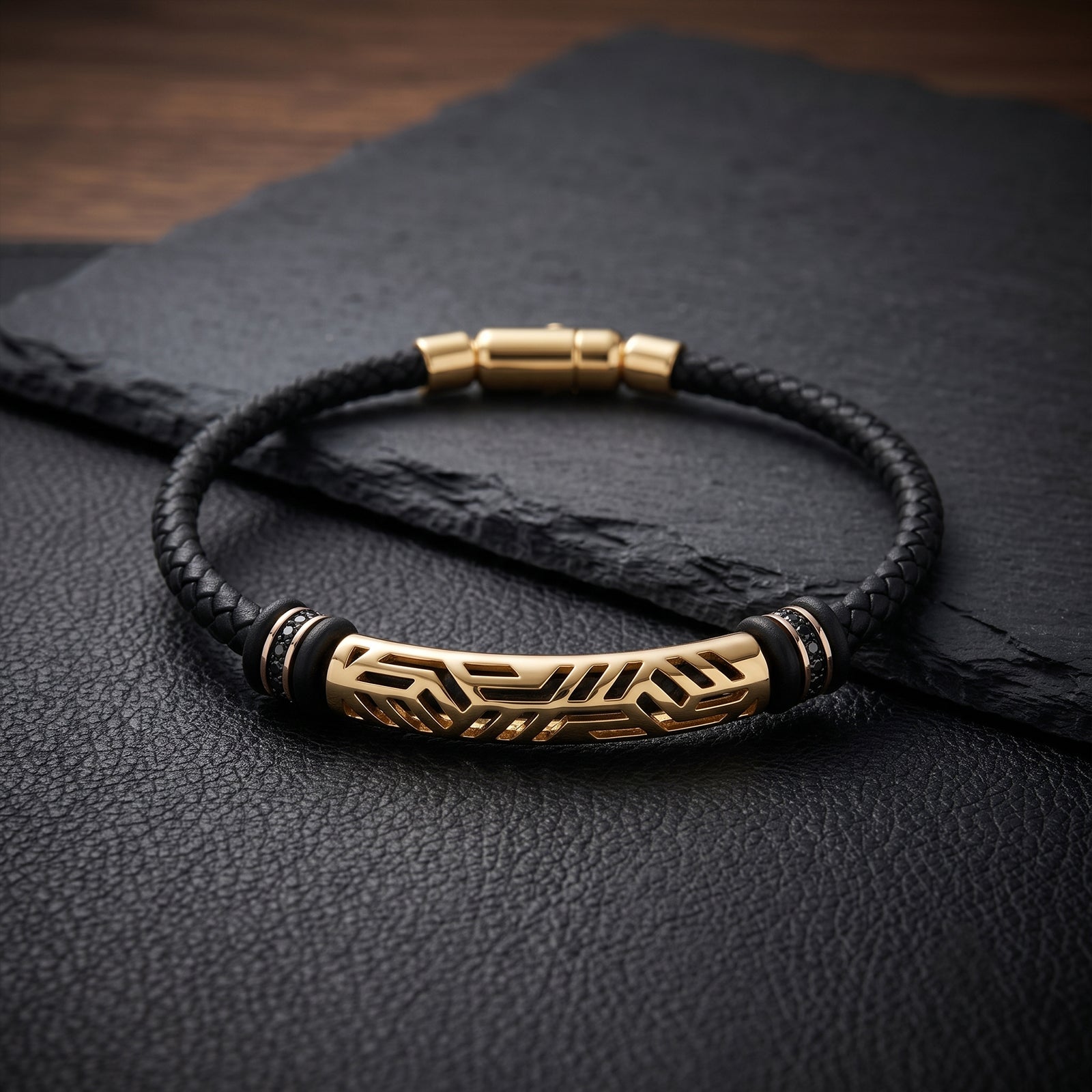Men's 18K Gold & Black Leather Cord Bracelet with Black Spinel | Premium Designer Jewelry