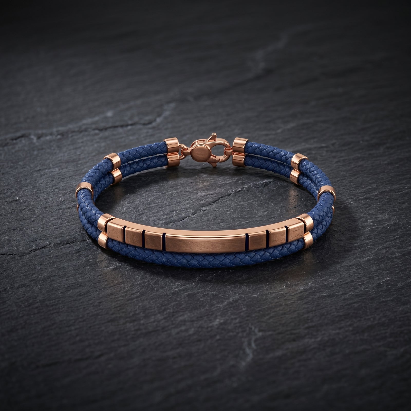 18K Rose Gold & Blue Braided Leather Men's Bracelet | Fine Designer Jewelry