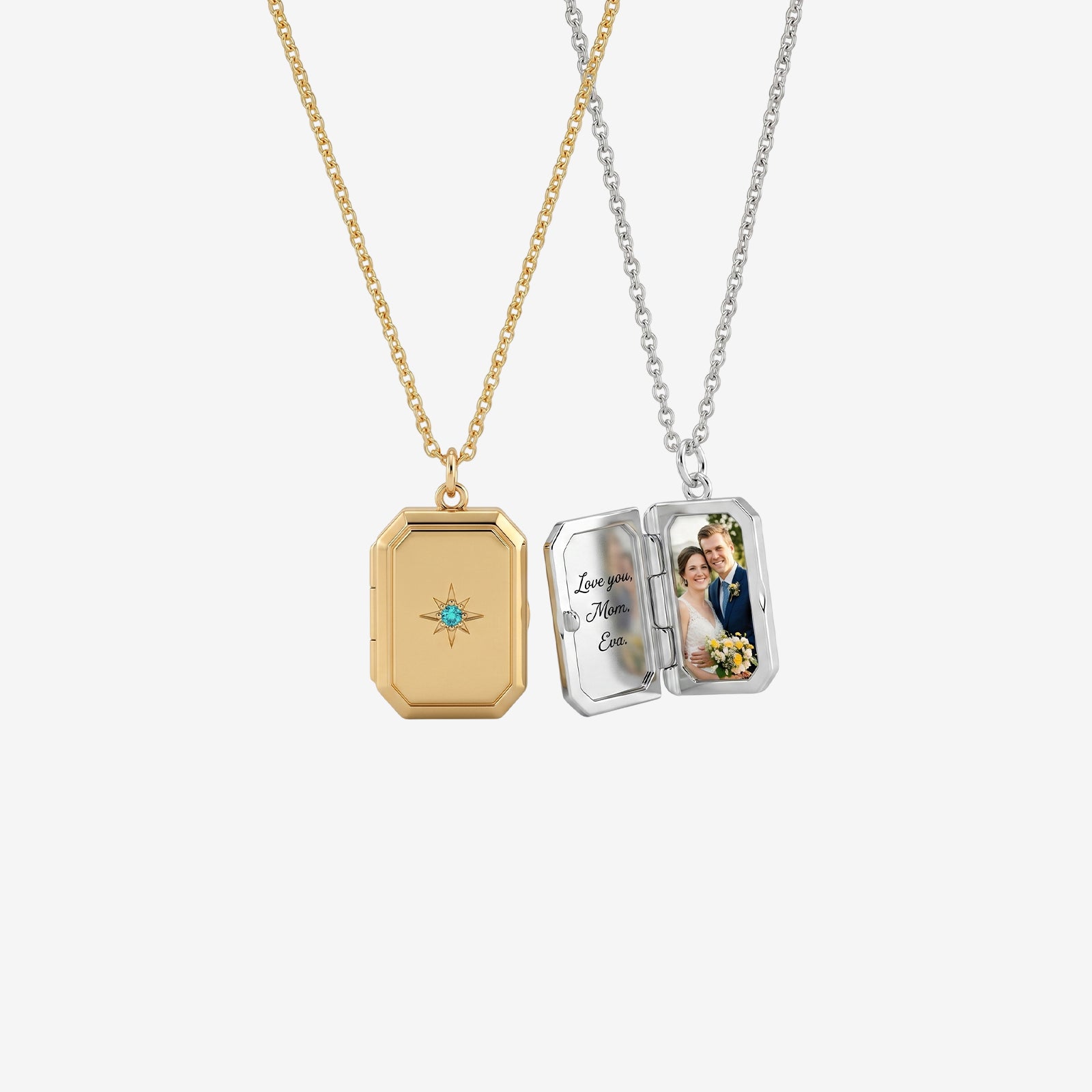 18K Gold Starburst Locket Necklace with Turquoise | Personalized Photo Locket
