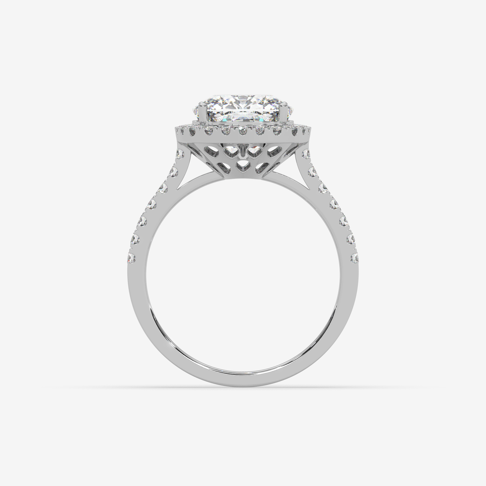 18k Gold Cushion Cut Halo Diamond Engagement Ring | Pave Set Band