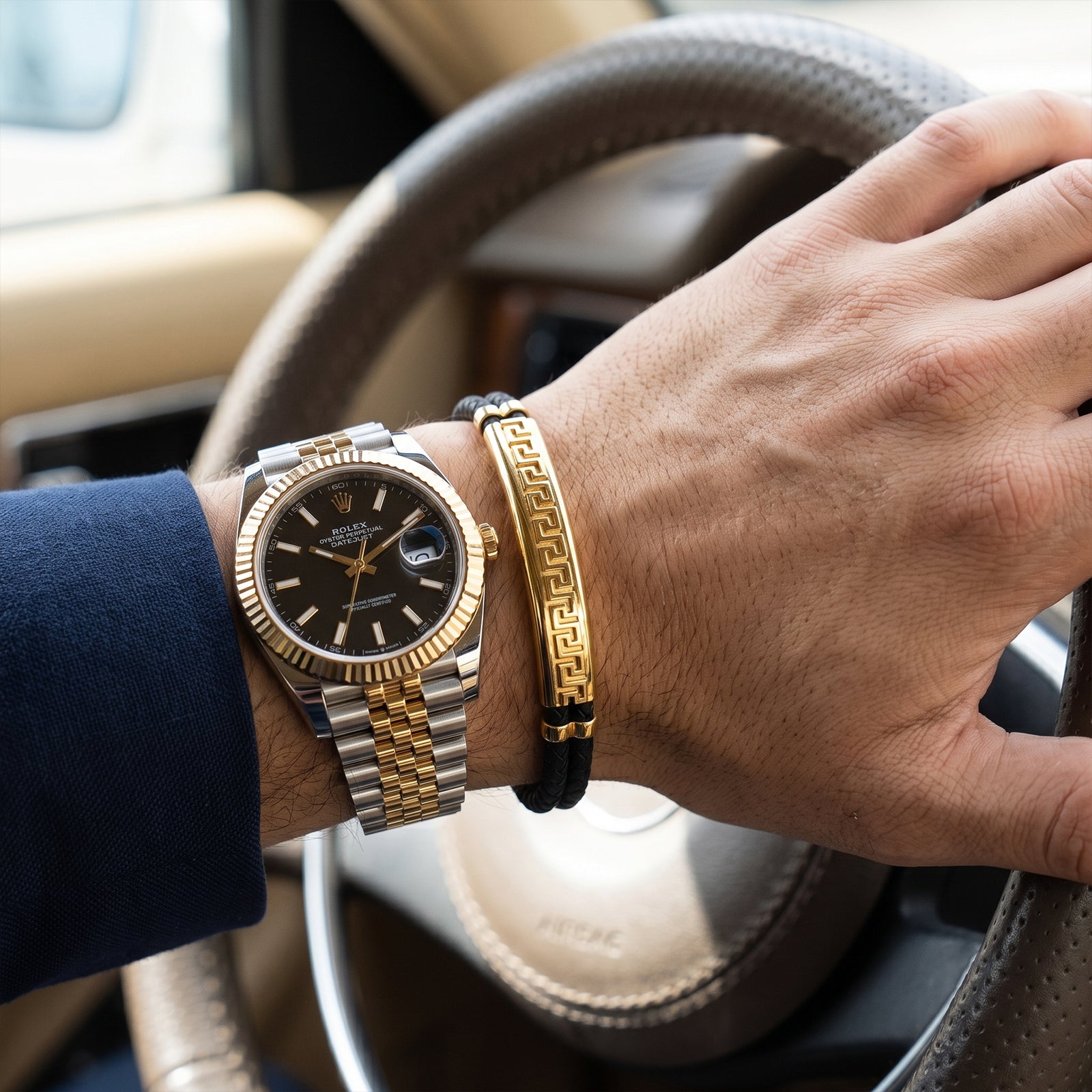 18K Gold & Black Leather Greek Key Bracelet | Men’s Designer Braid Wristband
