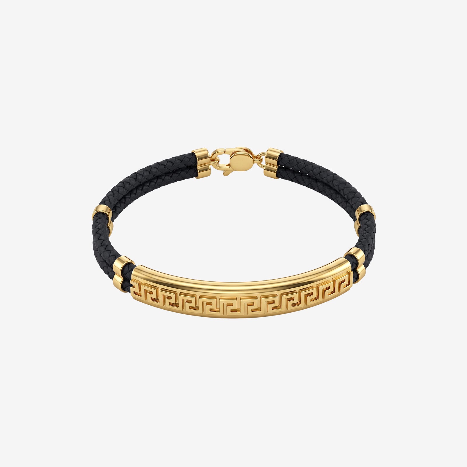 18K Gold & Black Leather Greek Key Bracelet | Men’s Designer Braid Wristband