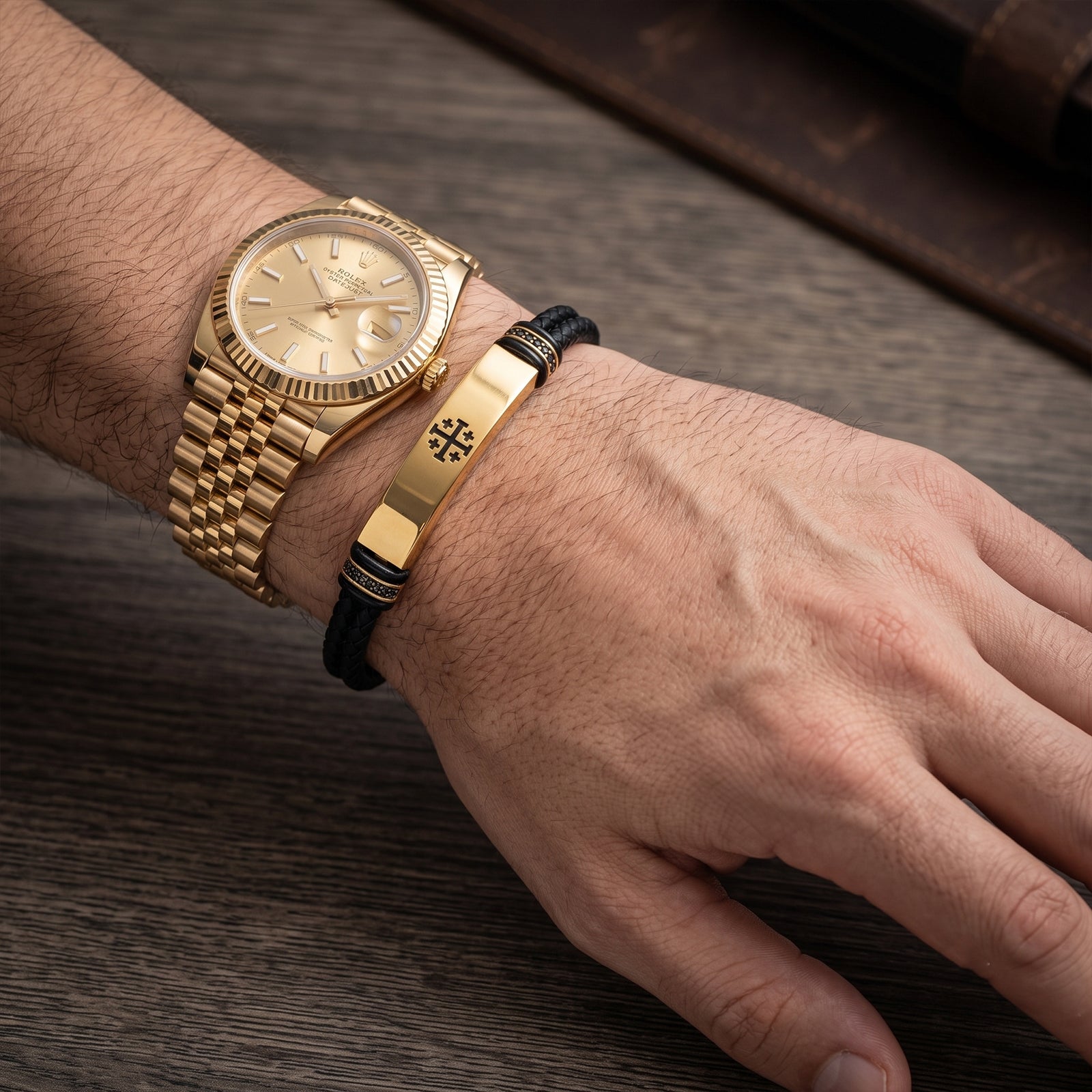 18K Gold & Black Spinel Men's Braided Leather Bracelet | Luxury Cross Emblem