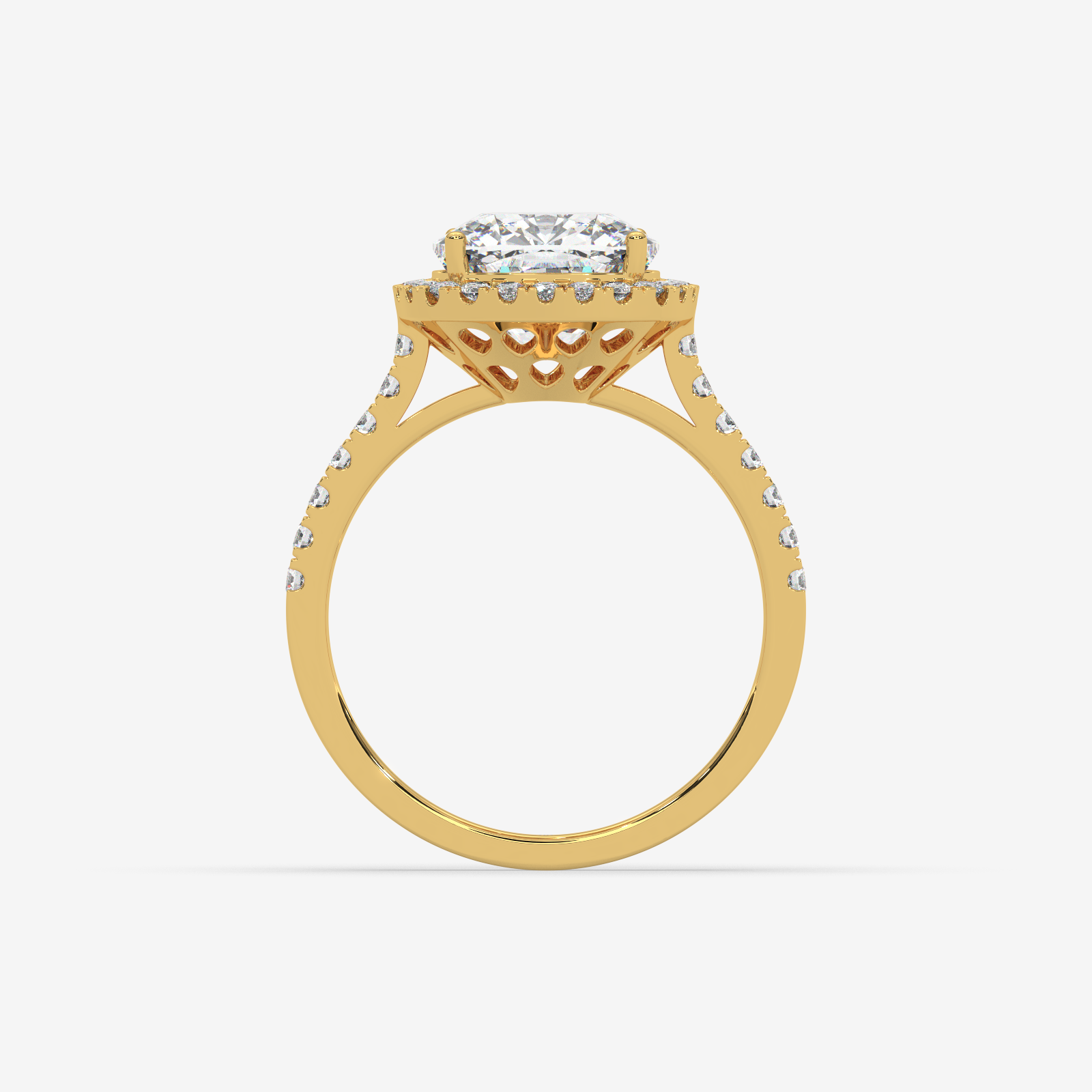 18k Gold Cushion Cut Halo Diamond Engagement Ring | Pave Set Band