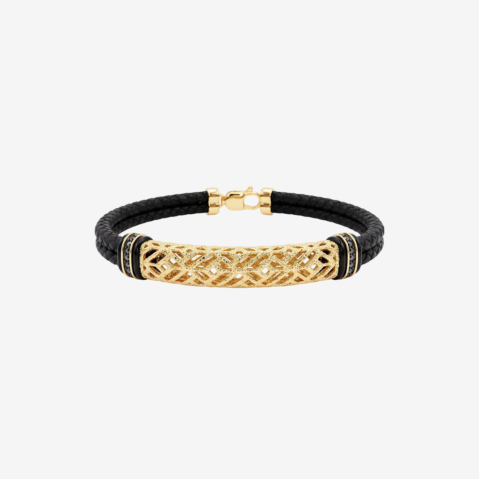 18K Gold & Black Spinel Braided Leather Bracelet | Luxury Men’s Jewelry