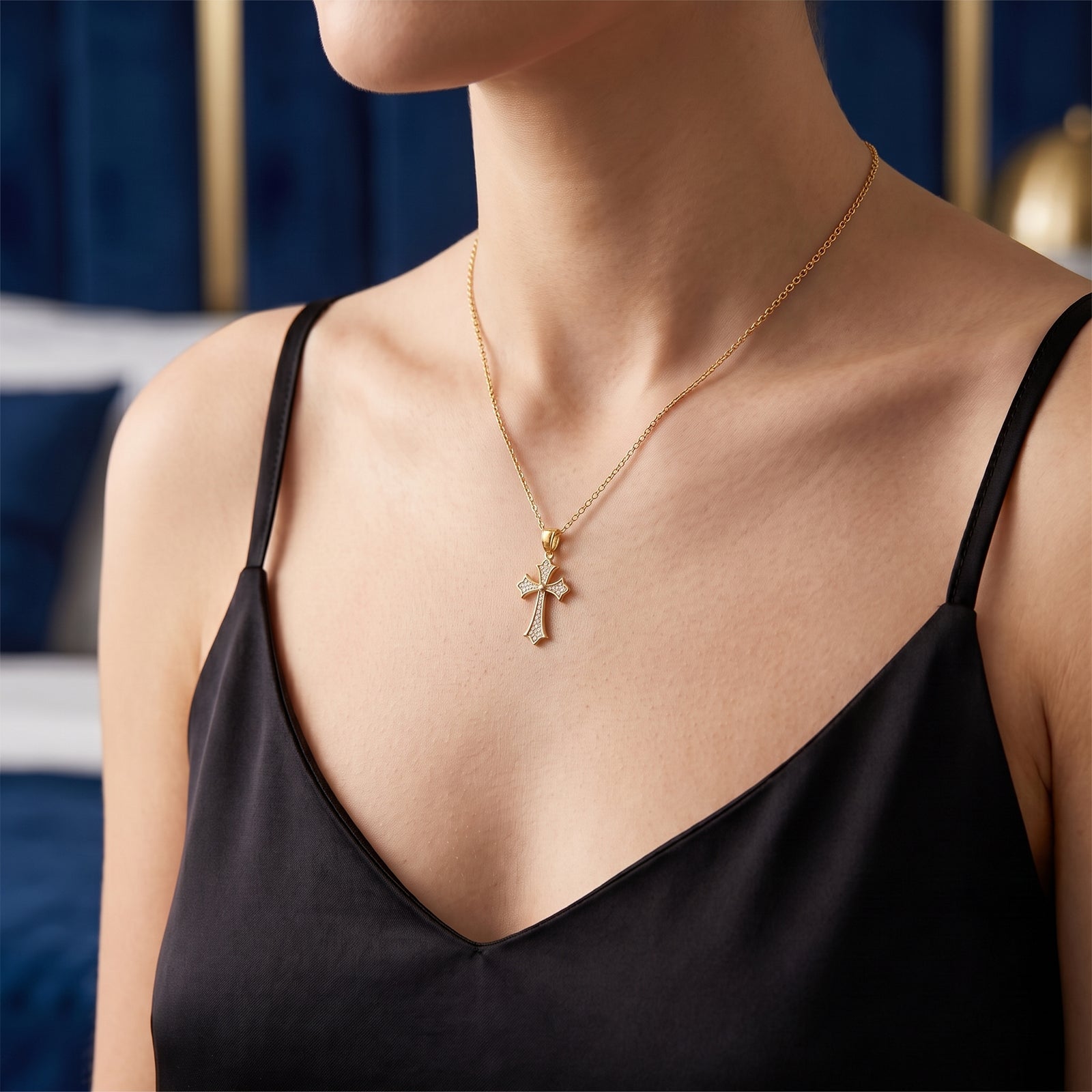 18K Gold Gothic Diamond Cross Pendant Necklace | Pavé Diamond Jewelry