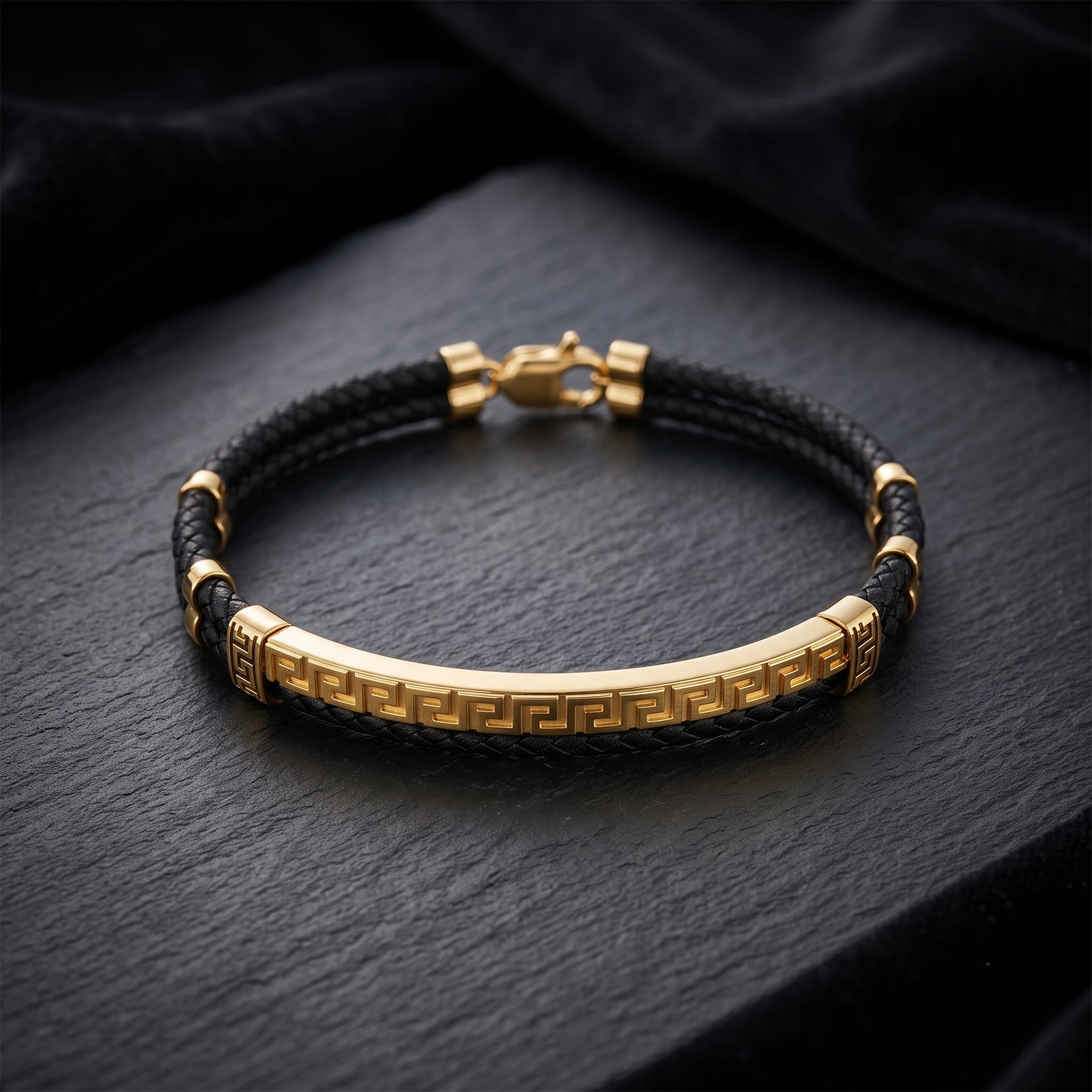 18K Gold & Black Leather Greek Key ID Bracelet for Men | Fine Jewelry