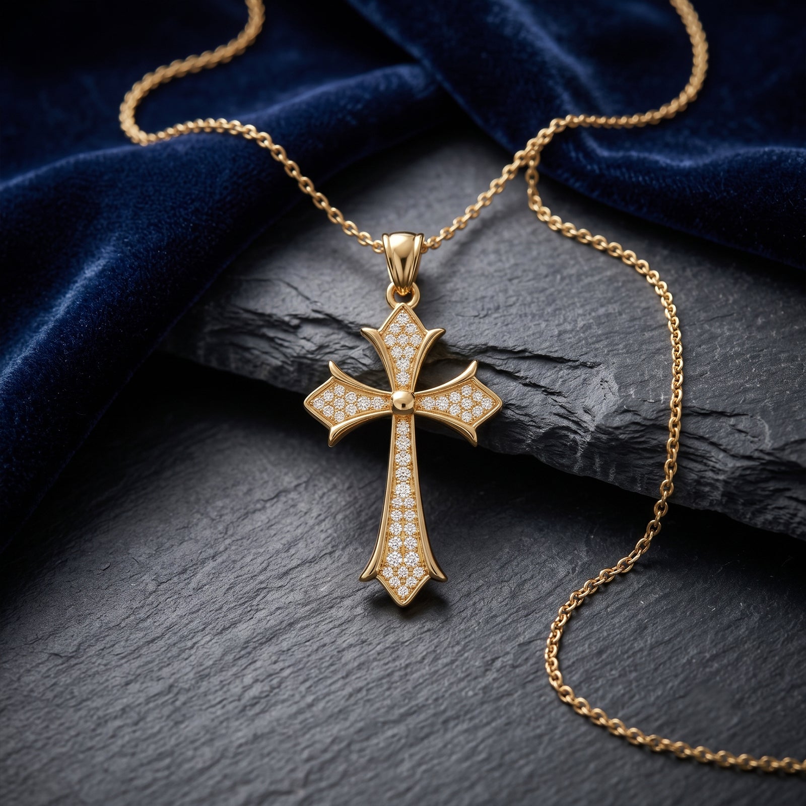 18K Gold Gothic Diamond Cross Pendant Necklace | Pavé Diamond Jewelry