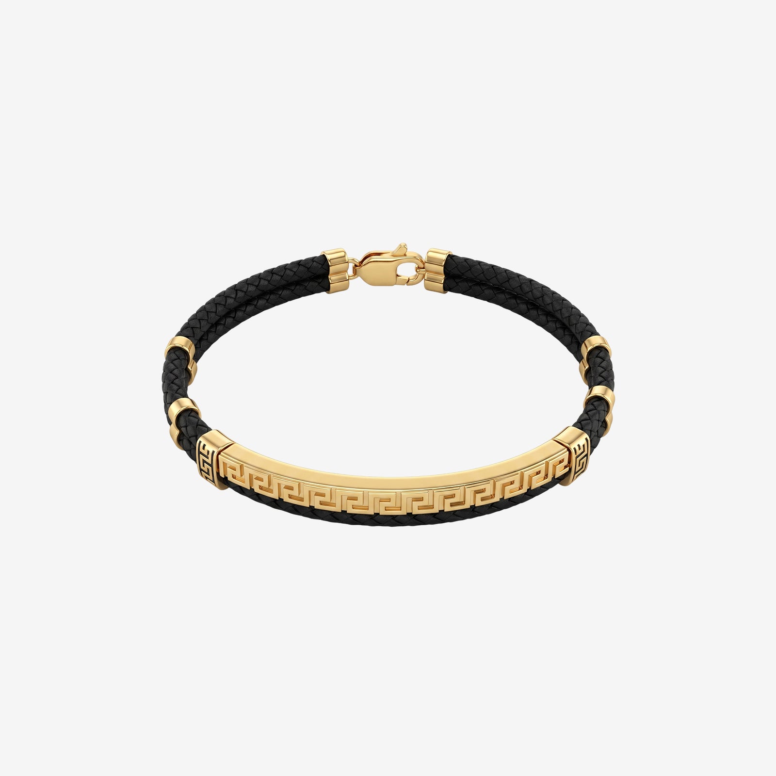 18K Gold & Black Leather Greek Key ID Bracelet for Men | Fine Jewelry