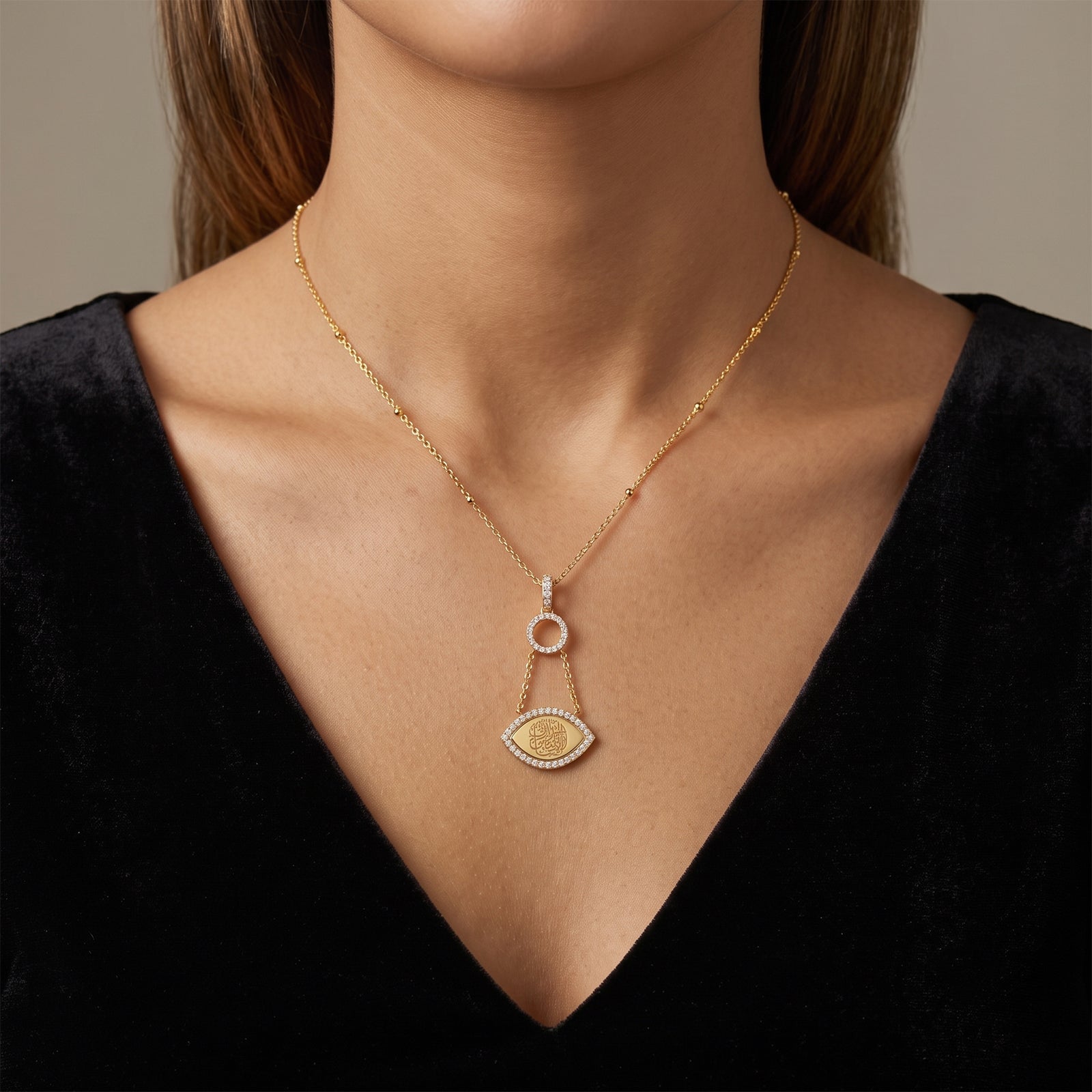 18K Gold Eye Pendant Necklace with Diamonds & Arabic Calligraphy | Luxury Gold Jewelry