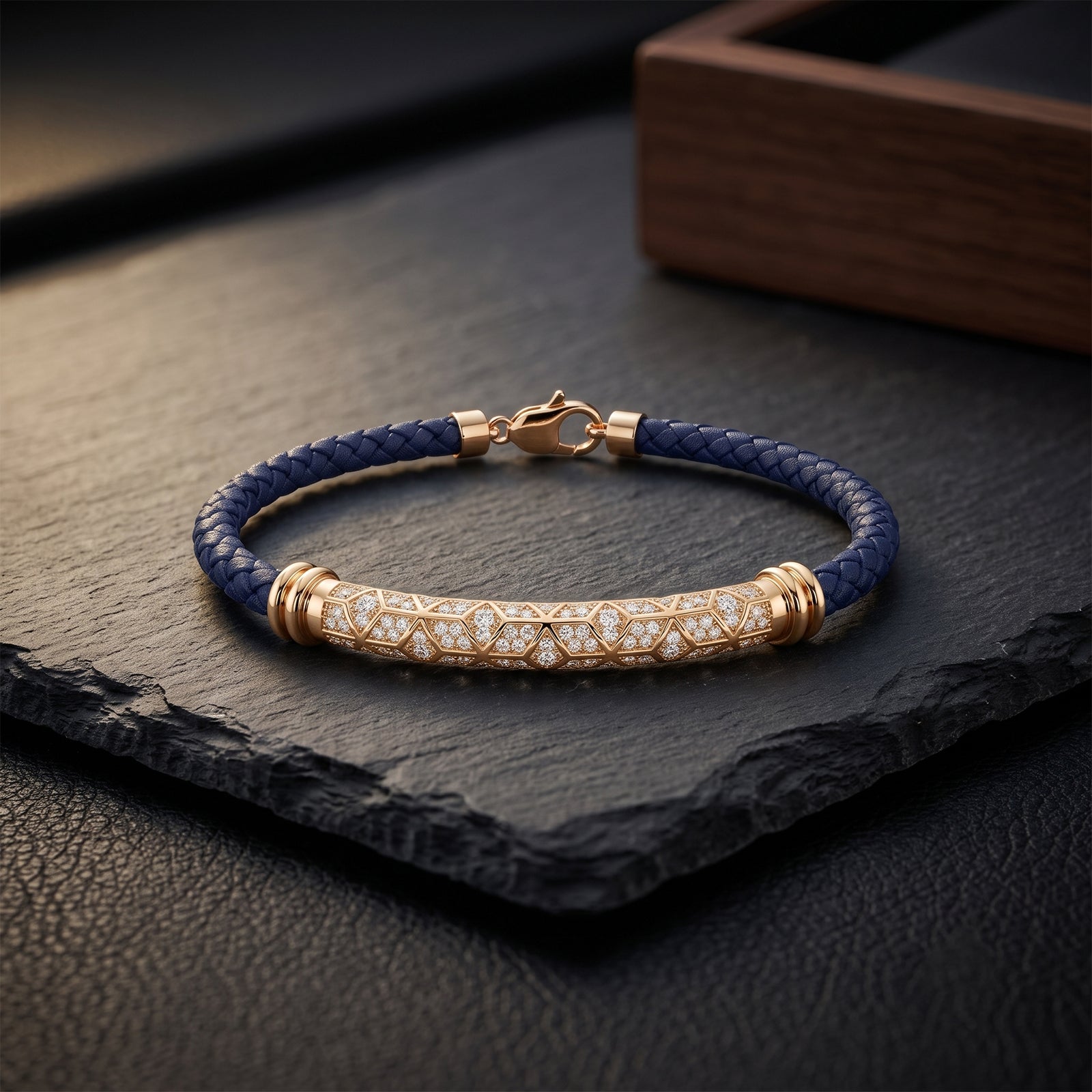 Men's 18K Gold Diamond Curved Bar Braided Leather Bracelet | Luxury Jewelry
