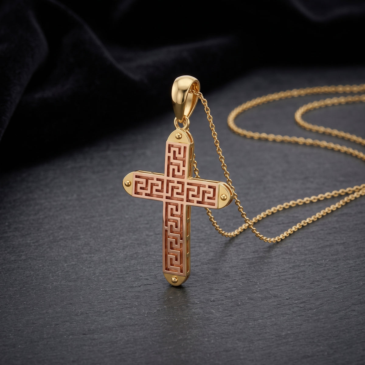 18K Gold Greek Key Cross Pendant Necklace | Two-Tone Fine Jewelry