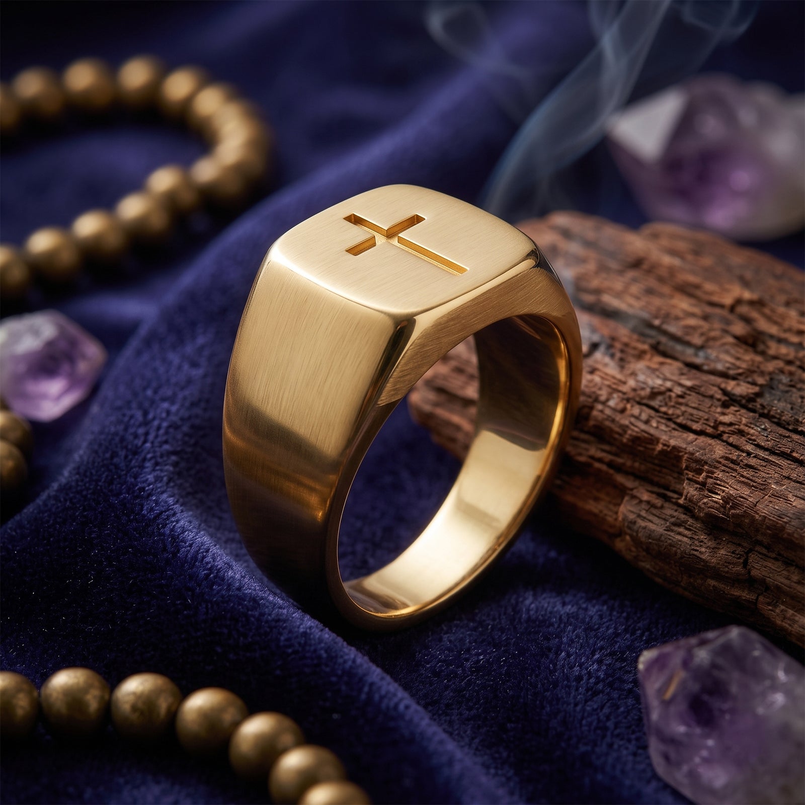 Men's 18K Solid Gold Cross Signet Ring | Classic Christian Jewelry