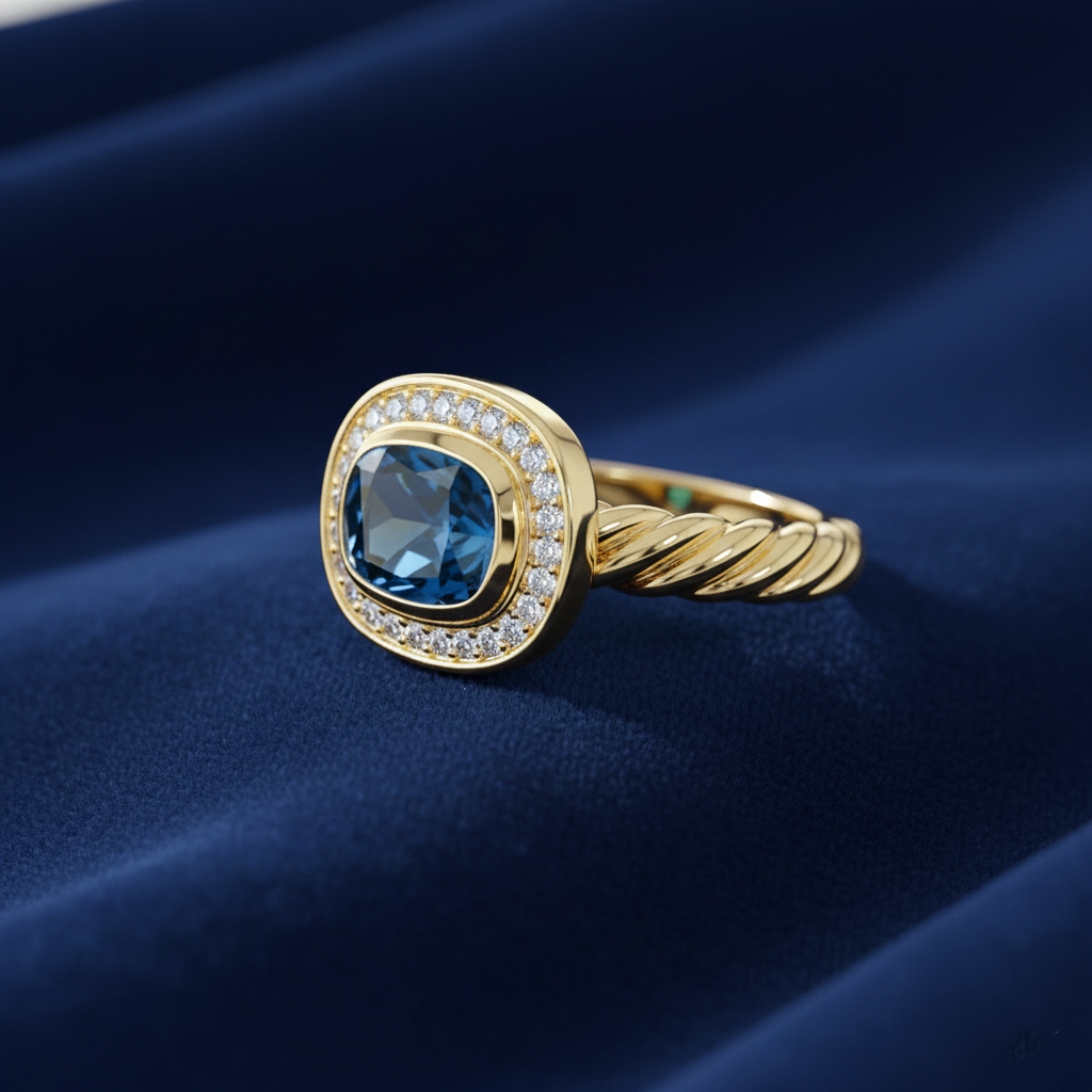 Personalized Birthstone Ring | 18K Gold Rope Band | Birthstone & Diamond Halo Ring