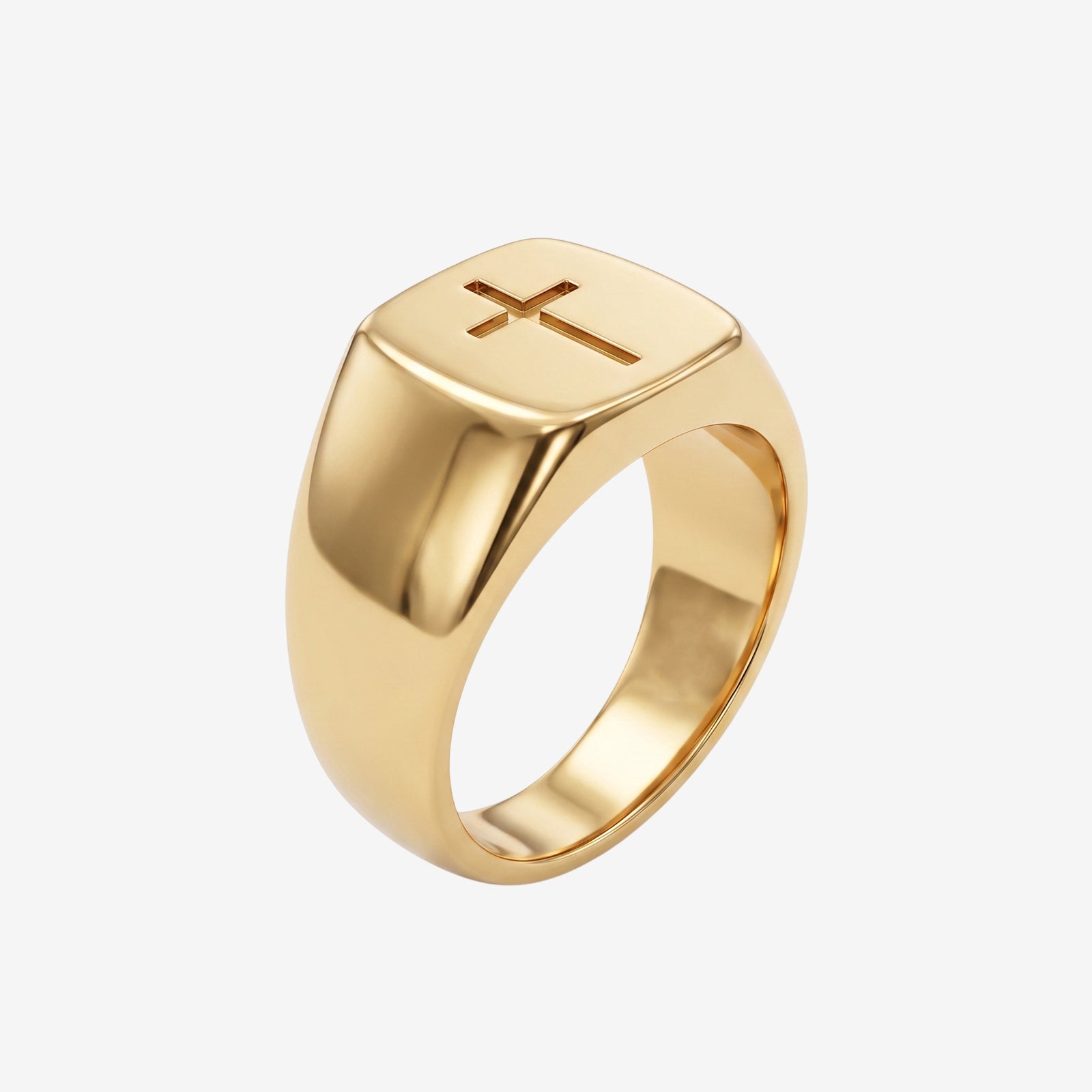 Men's 18K Solid Gold Cross Signet Ring | Classic Christian Jewelry