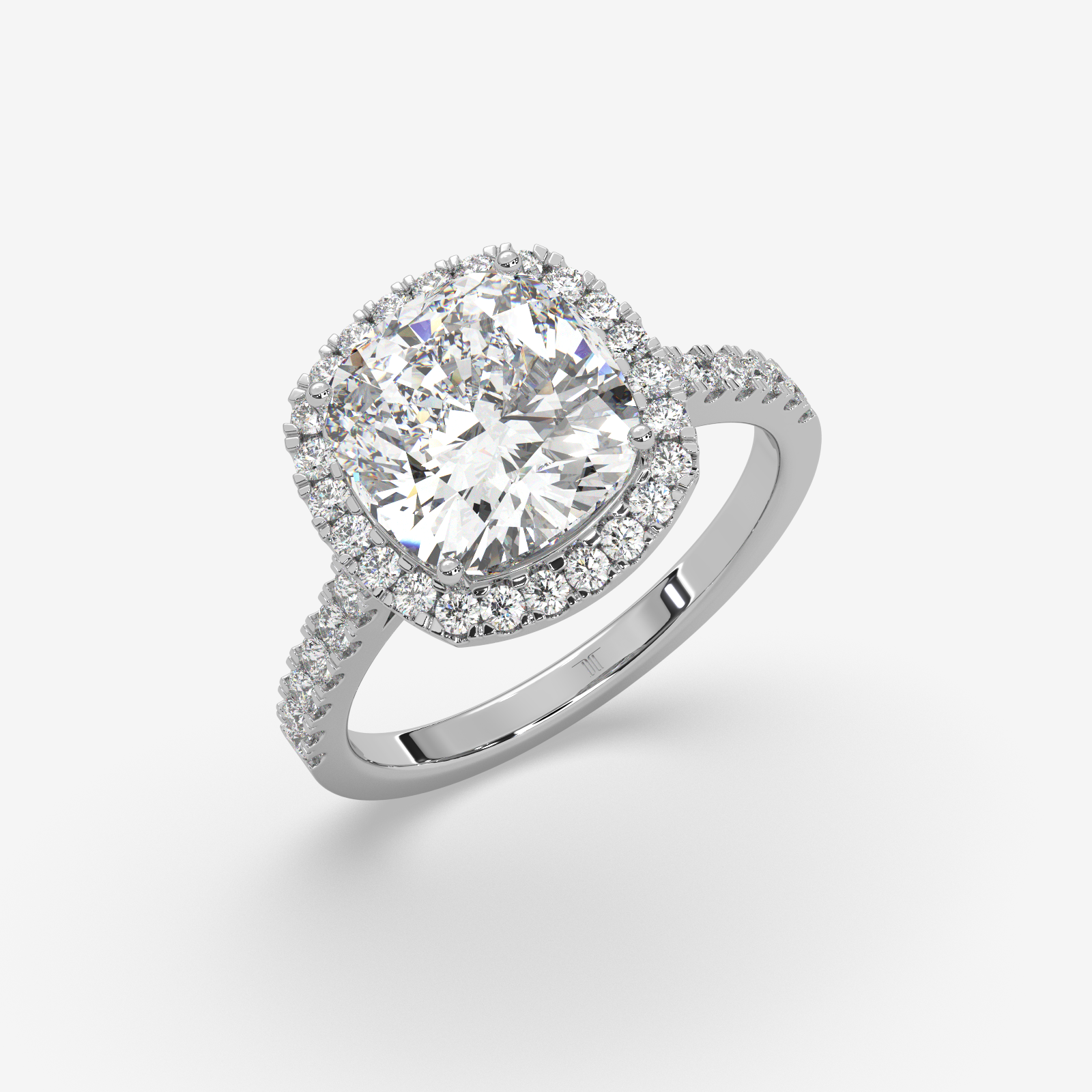 18k Gold Cushion Cut Halo Diamond Engagement Ring | Pave Set Band