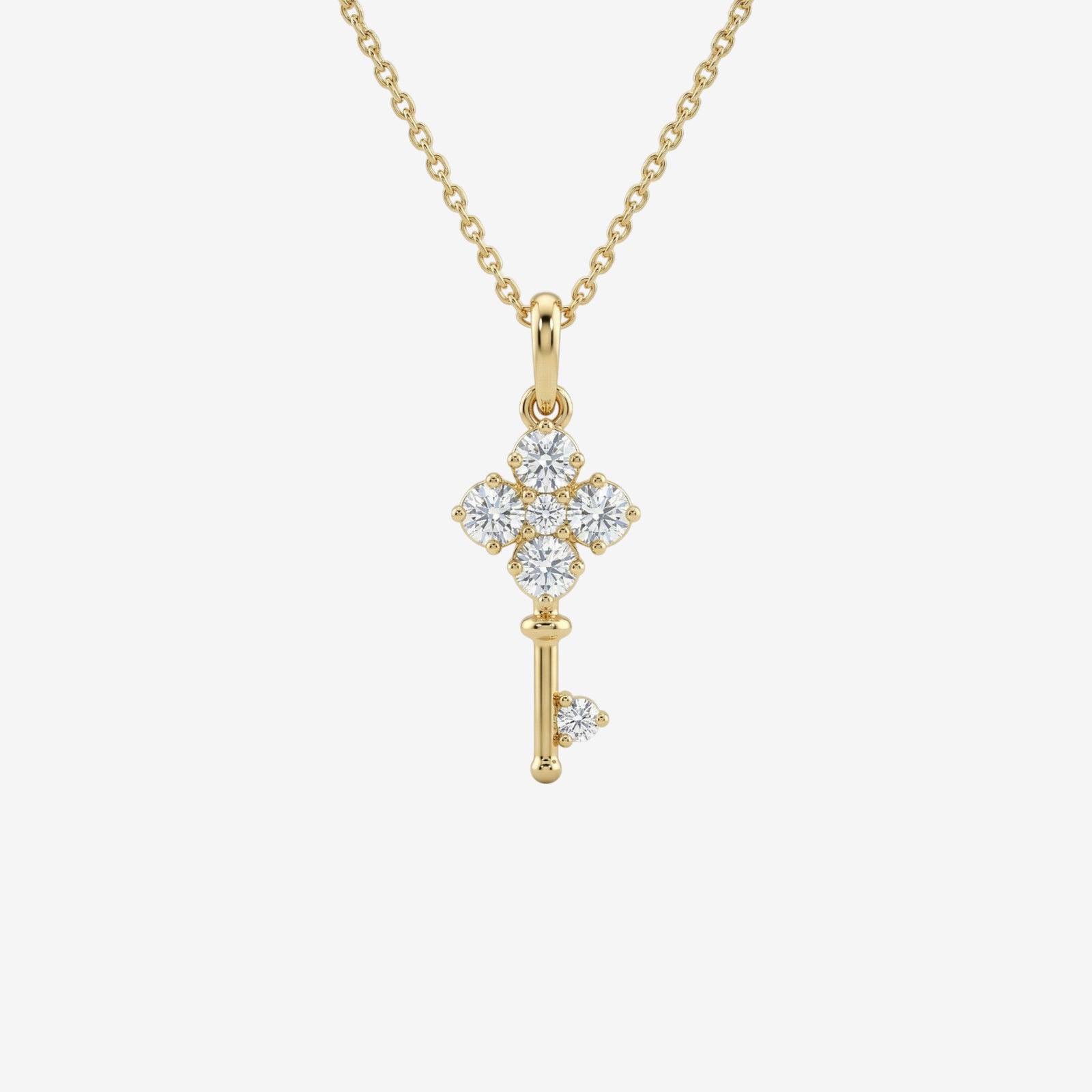 18K Gold Diamond Clover Key Pendant Necklace | Solid Gold Key to My Heart Jewelry