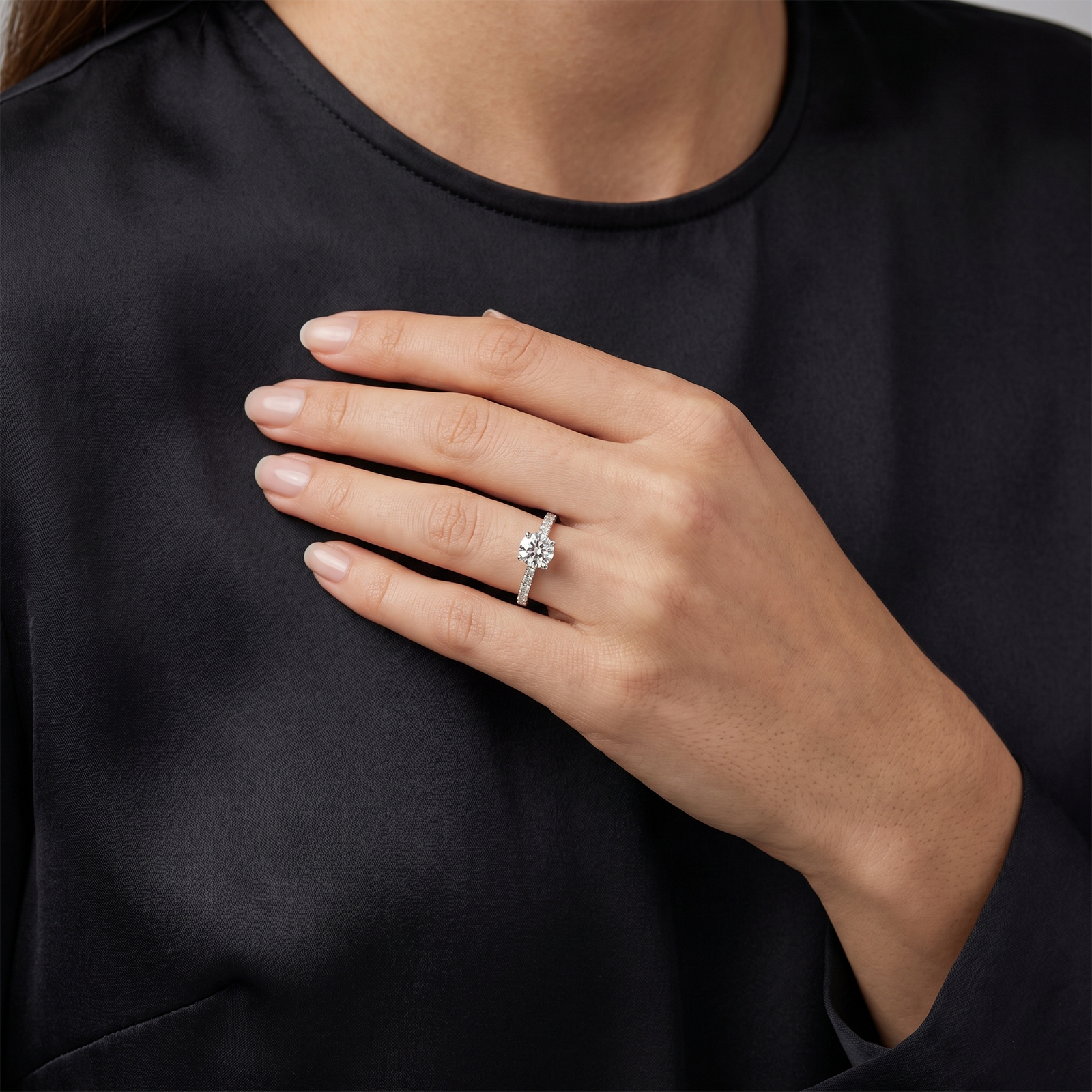 Classic Round Brilliant Solitaire Engagement Ring in Solid Gold | French Pave Diamond Band