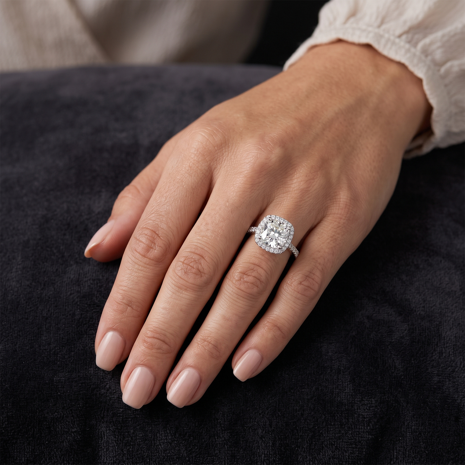 Solid Gold Cushion Cut Halo Diamond Engagement Ring | Pave Set Band