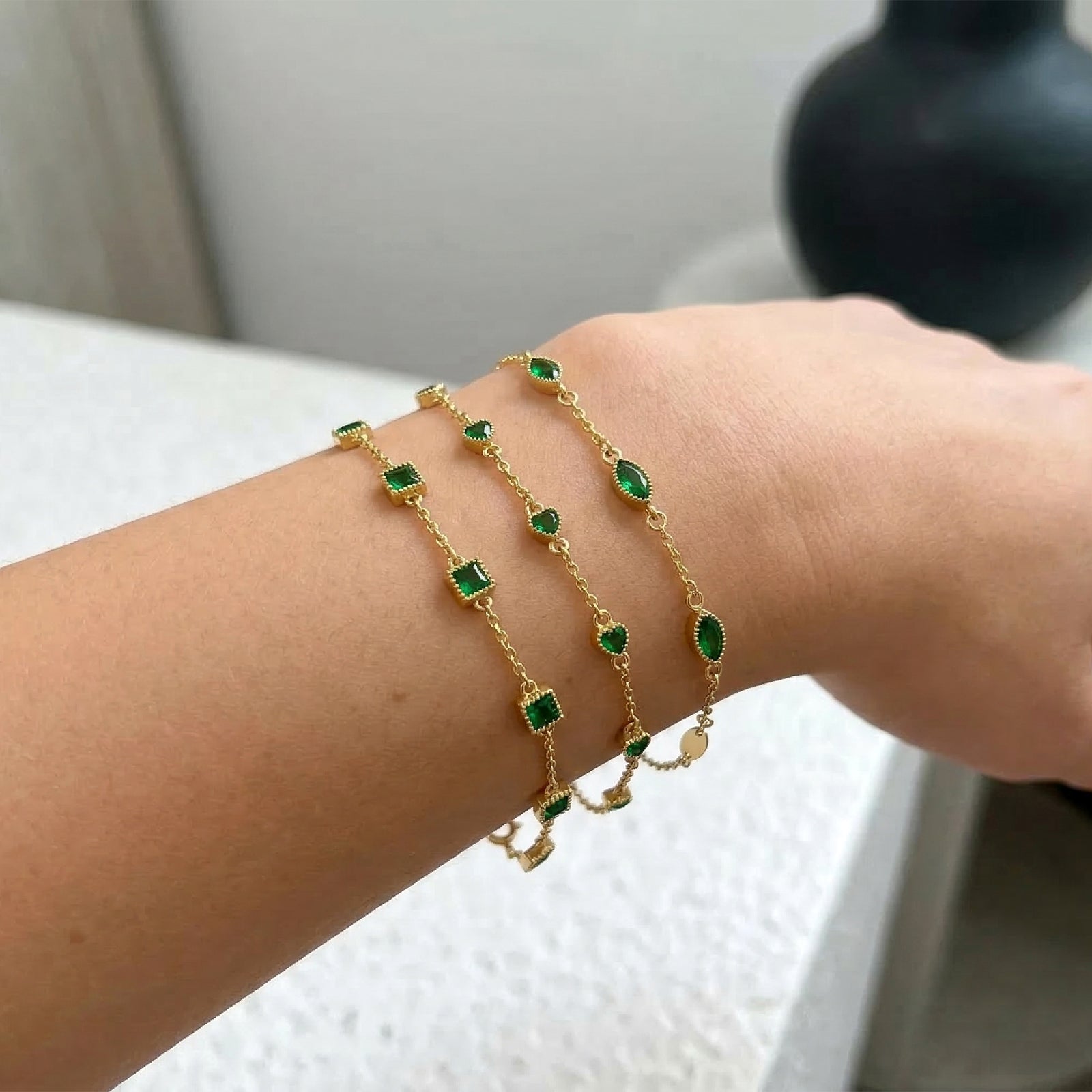 18k Solid Gold Emerald Bracelet | Natural Green Gemstone Dainty Chain Jewelry