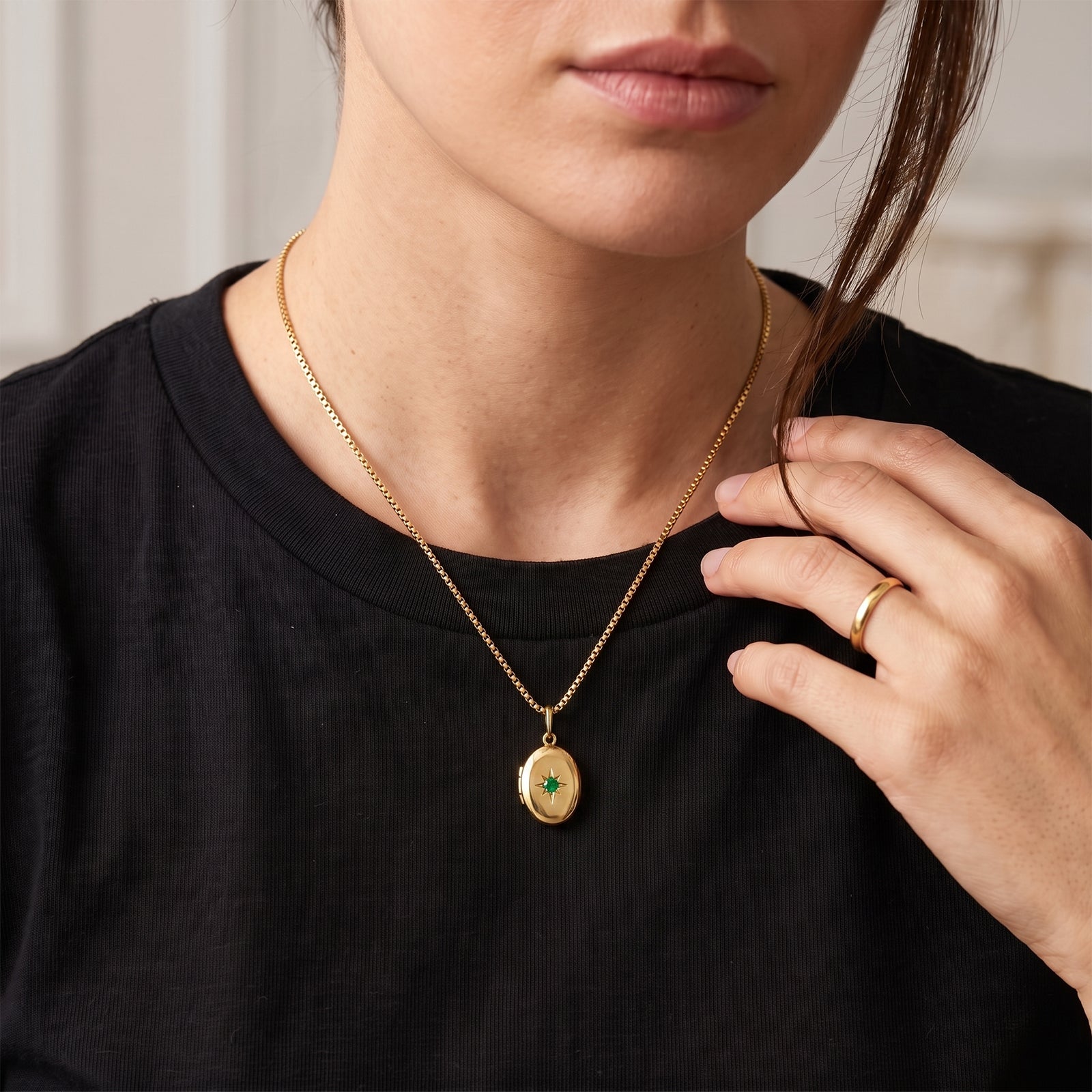 18k Gold Oval Locket Necklace with Star-Set Emerald | Heirloom Photo Locket