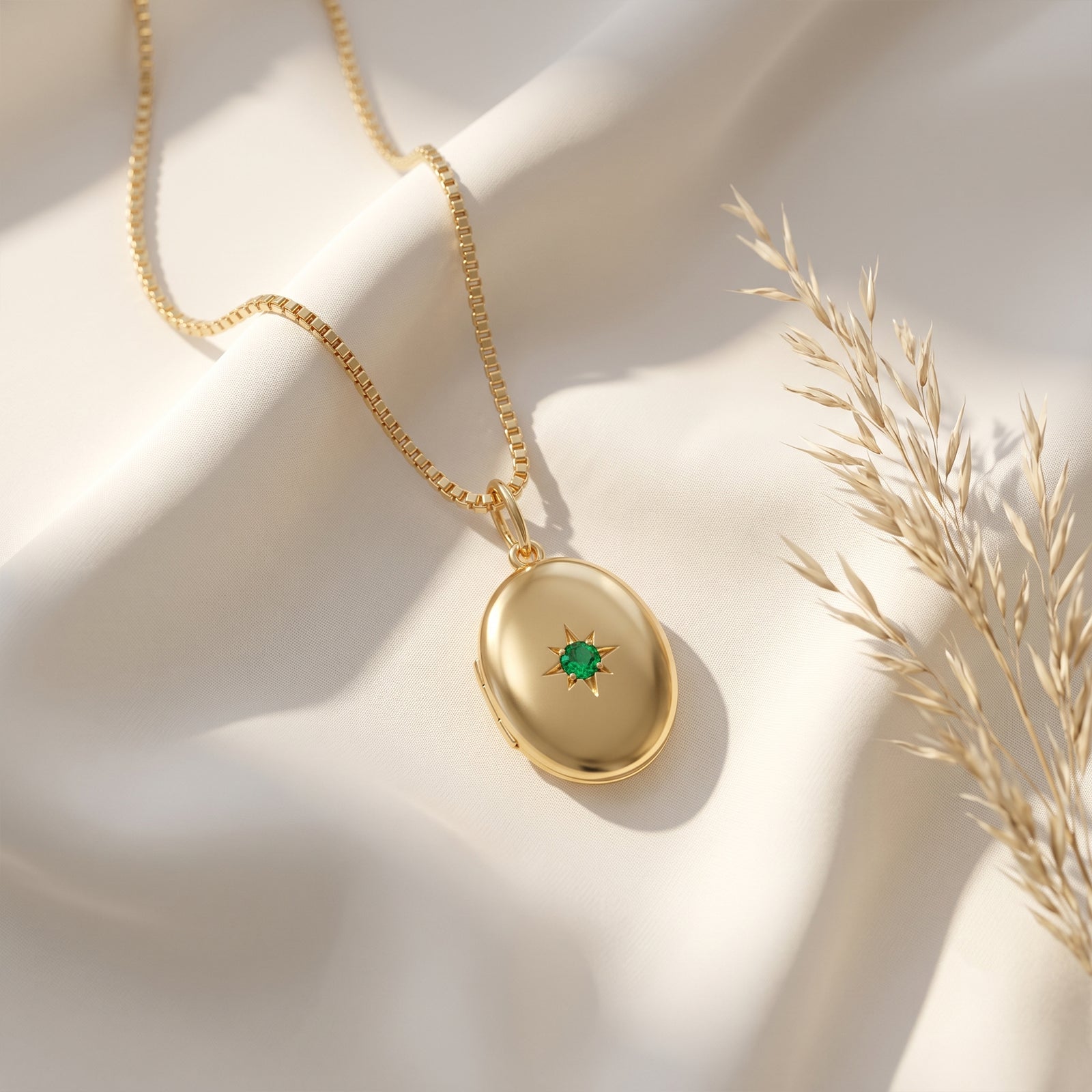 18k Gold Oval Locket Necklace with Star-Set Emerald | Heirloom Photo Locket