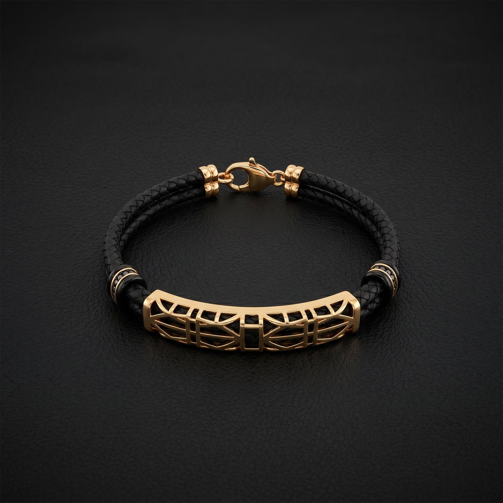 Men's 18k Gold and Black Woven Leather Bracelet | Geometric Filigree Design