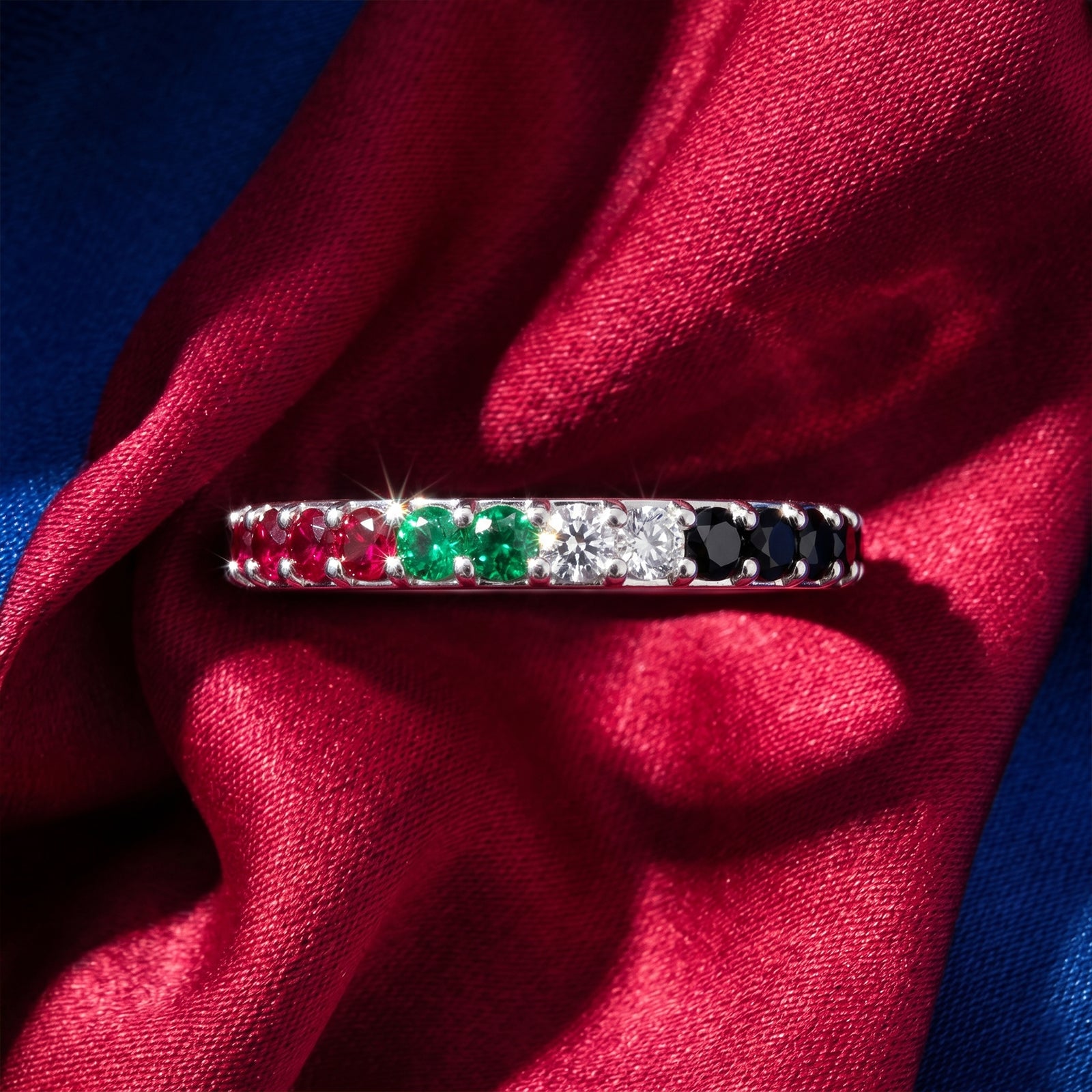 18K Gold UAE Flag Eternity Ring | Rubies, Emeralds & Diamonds