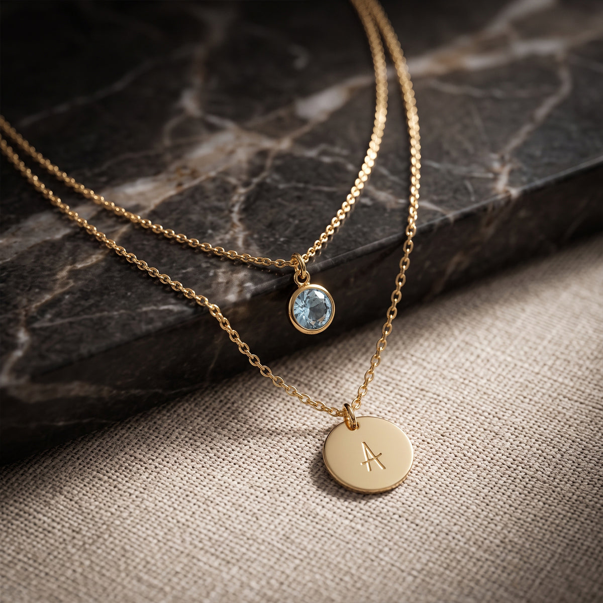 18K Gold Layered Initial & Birthstone Pendant Necklace | Personalised Gold Chain