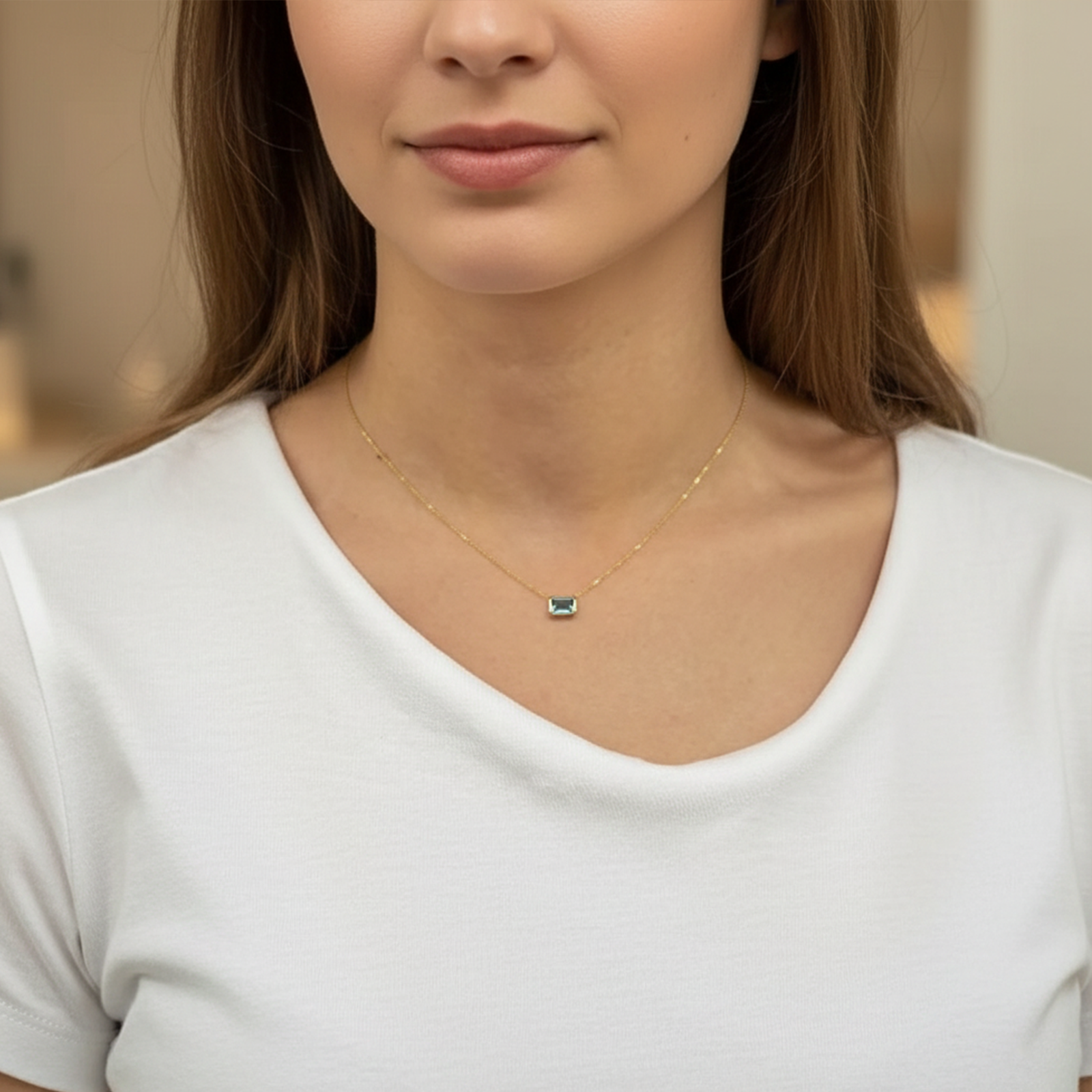 18K Gold Personalized Birthstone Necklace | Emerald Cut Gemstone Jewelry