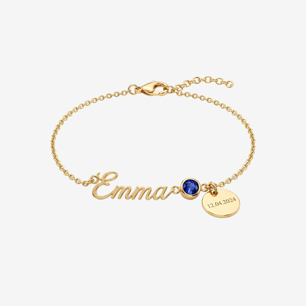 18K Solid Gold Personalized Name Bracelet with Round Birthstone Charm & Engraved Date Disc
