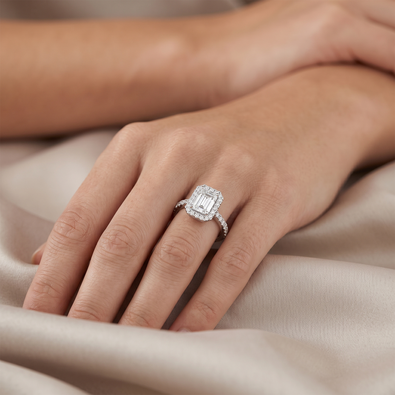 Solid Gold Emerald Cut Diamond Halo Engagement Ring