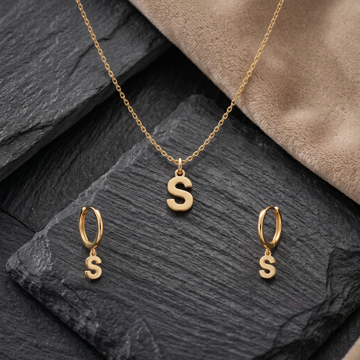 18K Solid Gold Custom Initial Letter Set | Necklace & Hoop Earrings Set