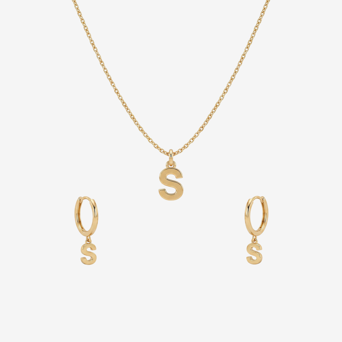 18K Solid Gold Custom Initial Letter Set | Necklace & Hoop Earrings Set