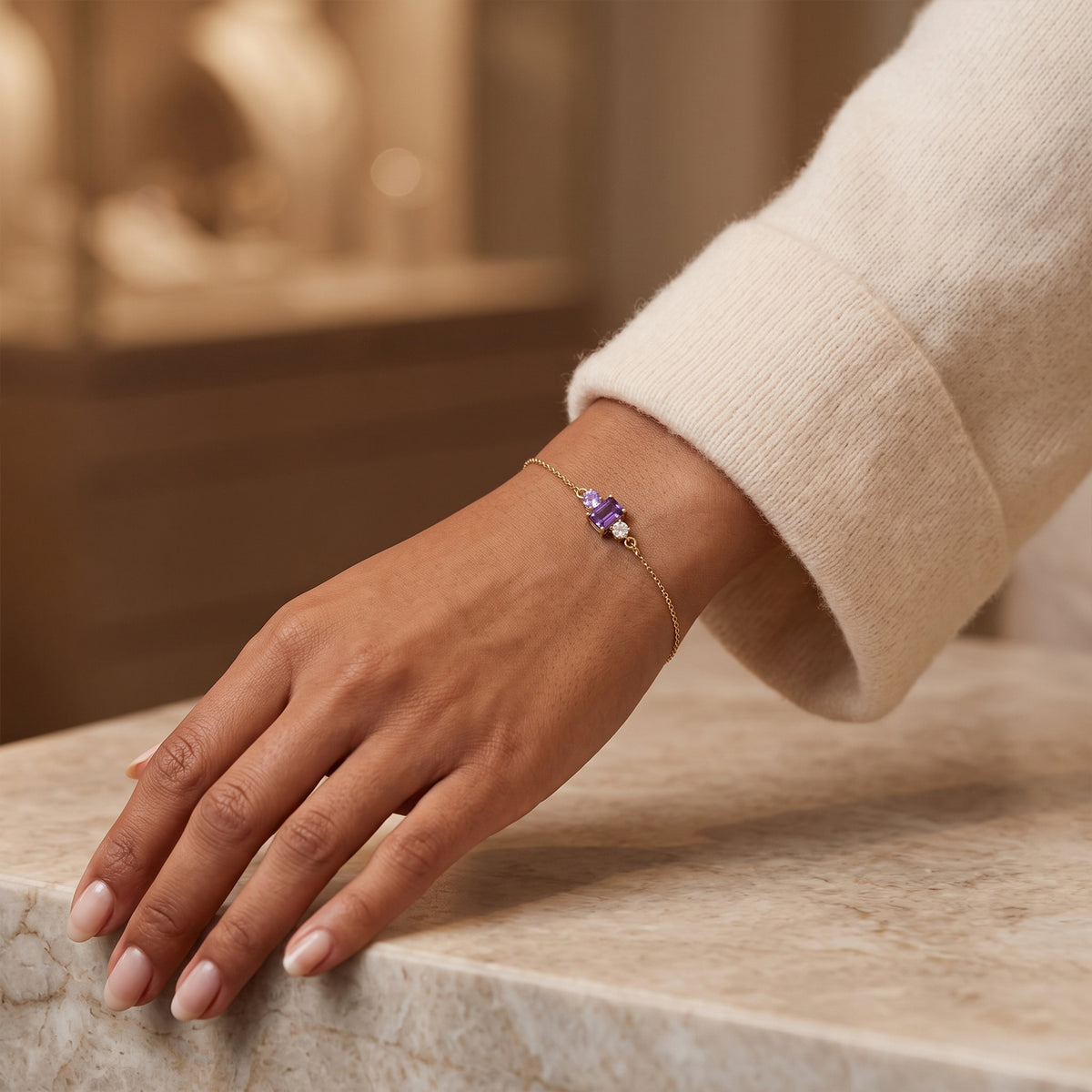 18K Gold Amethyst and Diamond Three-Stone Chain Bracelet | Minimalist Gemstone Jewelry