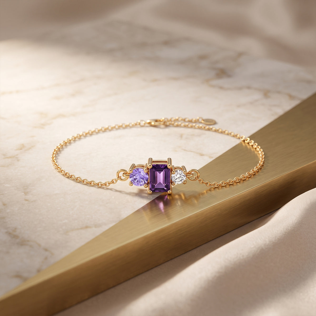 18K Gold Amethyst and Diamond Three-Stone Chain Bracelet | Minimalist Gemstone Jewelry