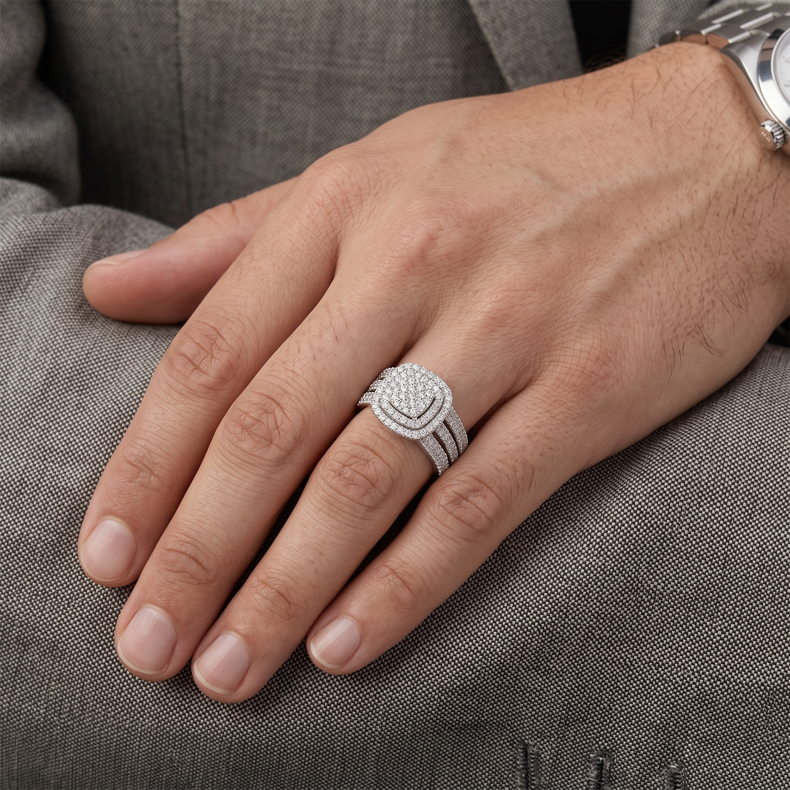 Unisex Cushion Shape Double Halo Diamond Ring | Solid Gold Multi-Row Statement Ring